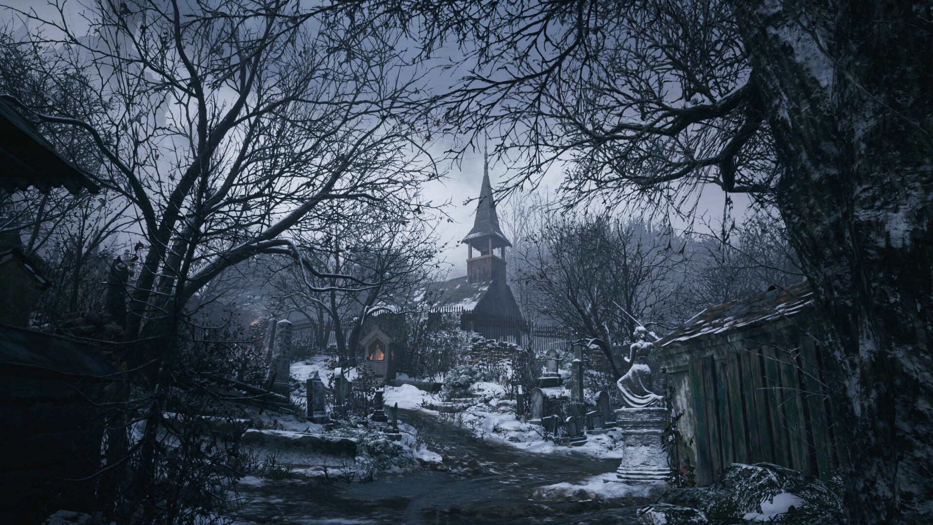 Resident Evil Village: Set in a snowy explorable Eastern European village, described as "pulled straight from the Victorian era". 1920x1080 Full HD Background.