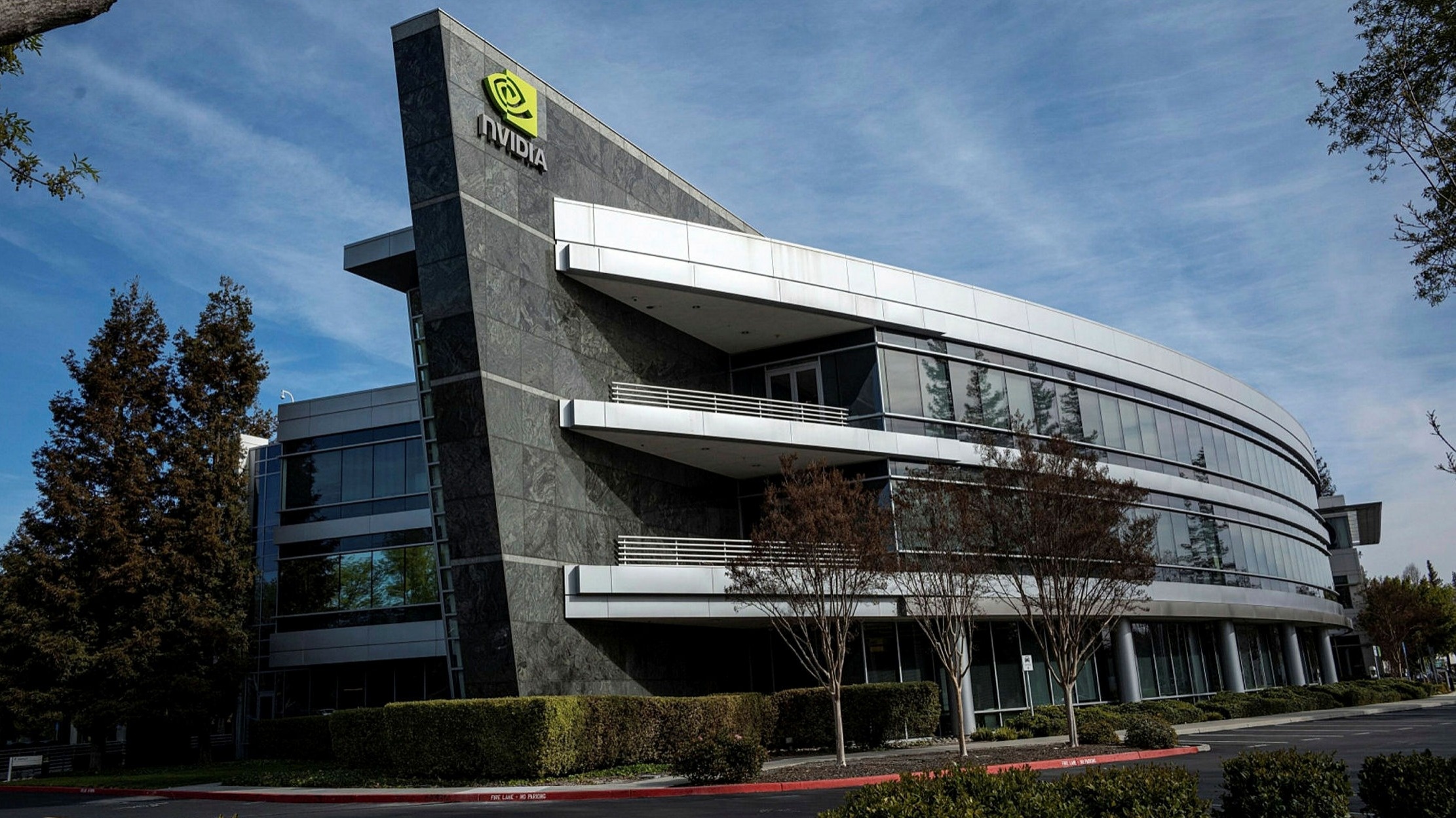 Nvidia: Headquarters at Santa Clara in 2018, A multinational technology company. 2230x1250 HD Background.