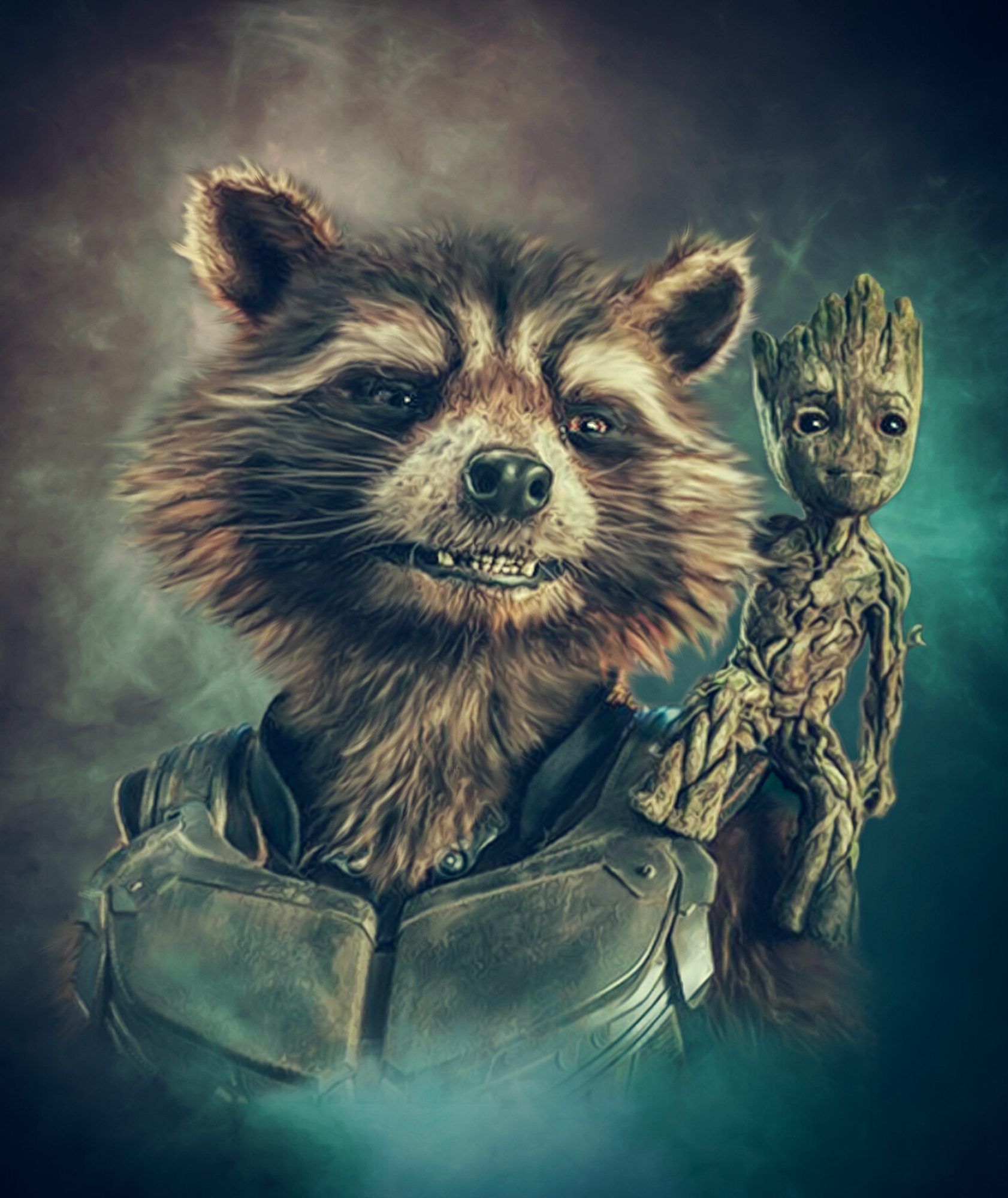 Groot and Rocket, Artstation artwork, Guardians of the Galaxy, Unique duo, 1690x2000 HD Handy