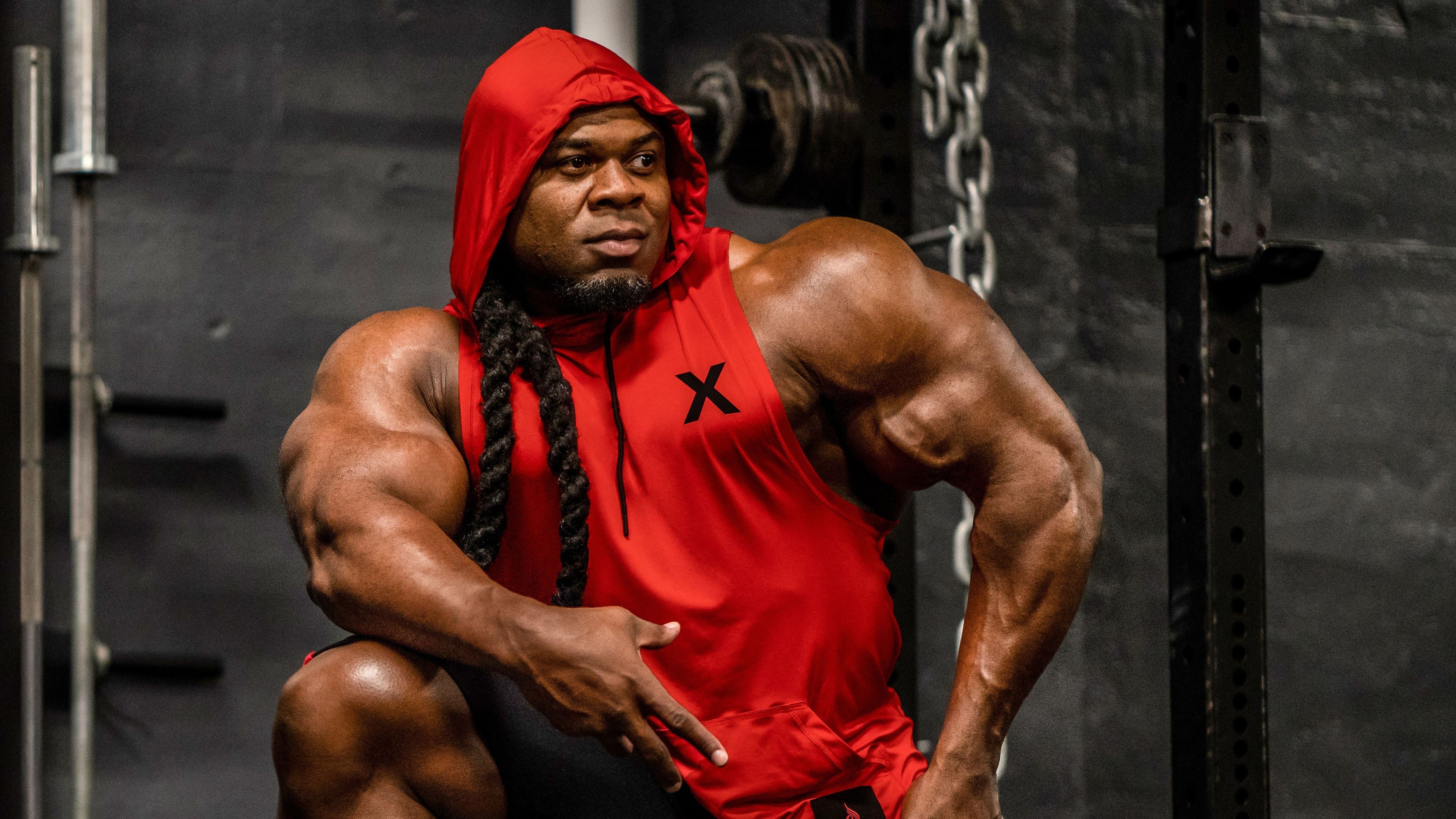 Bodybuilding: Kai Greene, Physical exercises, Lifting of weights, Culturism. 3840x2160 4K Background.