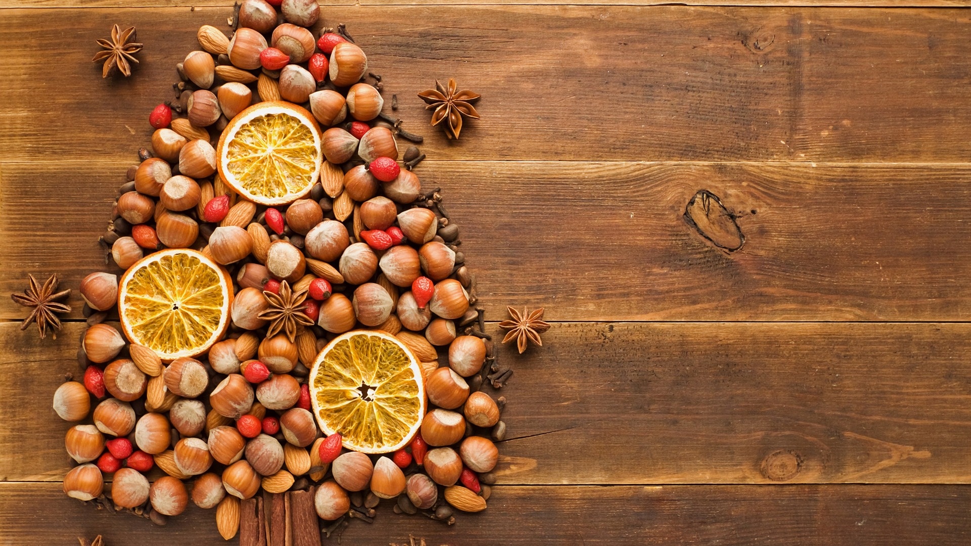 Nuts: Hazelnuts, Used in desserts like pastries, pies, truffles, biscotti, cookies, tarts, and macaroons. 1920x1080 Full HD Background.