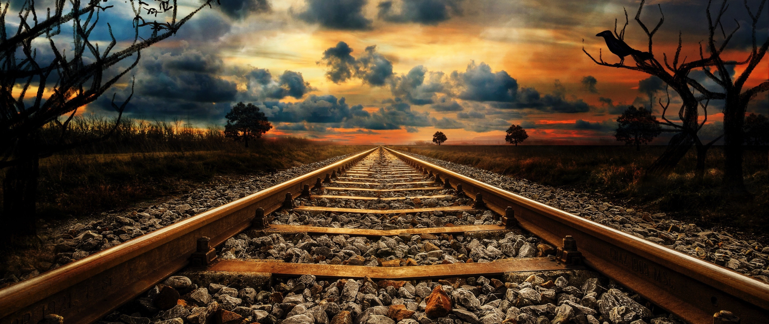 Railway travels, Dual wide image, Stony railroad, Cloudy sunset, 2560x1080 Dual Screen Desktop