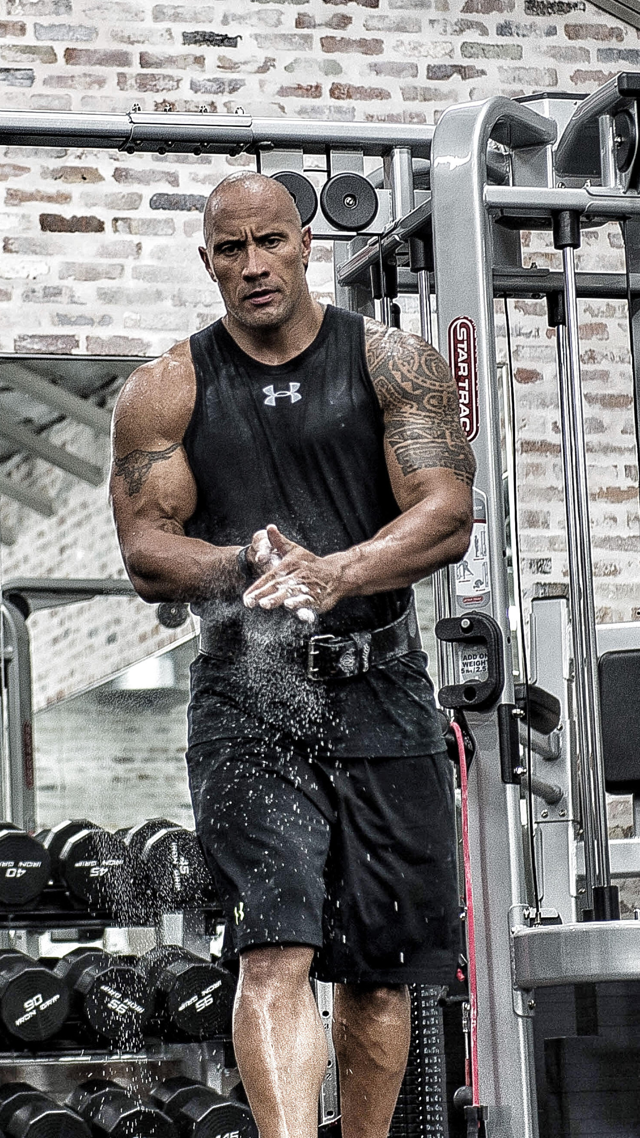 Dwayne Johnson in gym, Sony Xperia HD wallpapers, Bodybuilder physique, Fitness motivation, 2160x3840 4K Handy