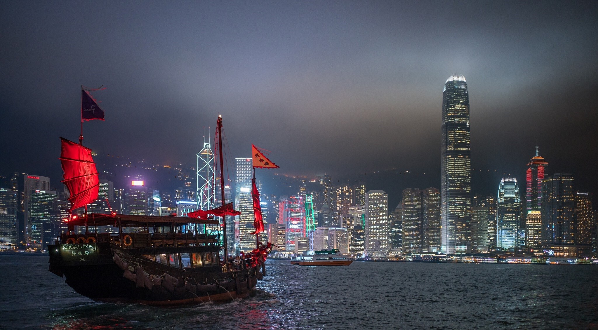 Hong Kong: The Aqua Luna, A Chinese Junk operating in Victoria Harbour, HK. 2050x1130 HD Wallpaper.
