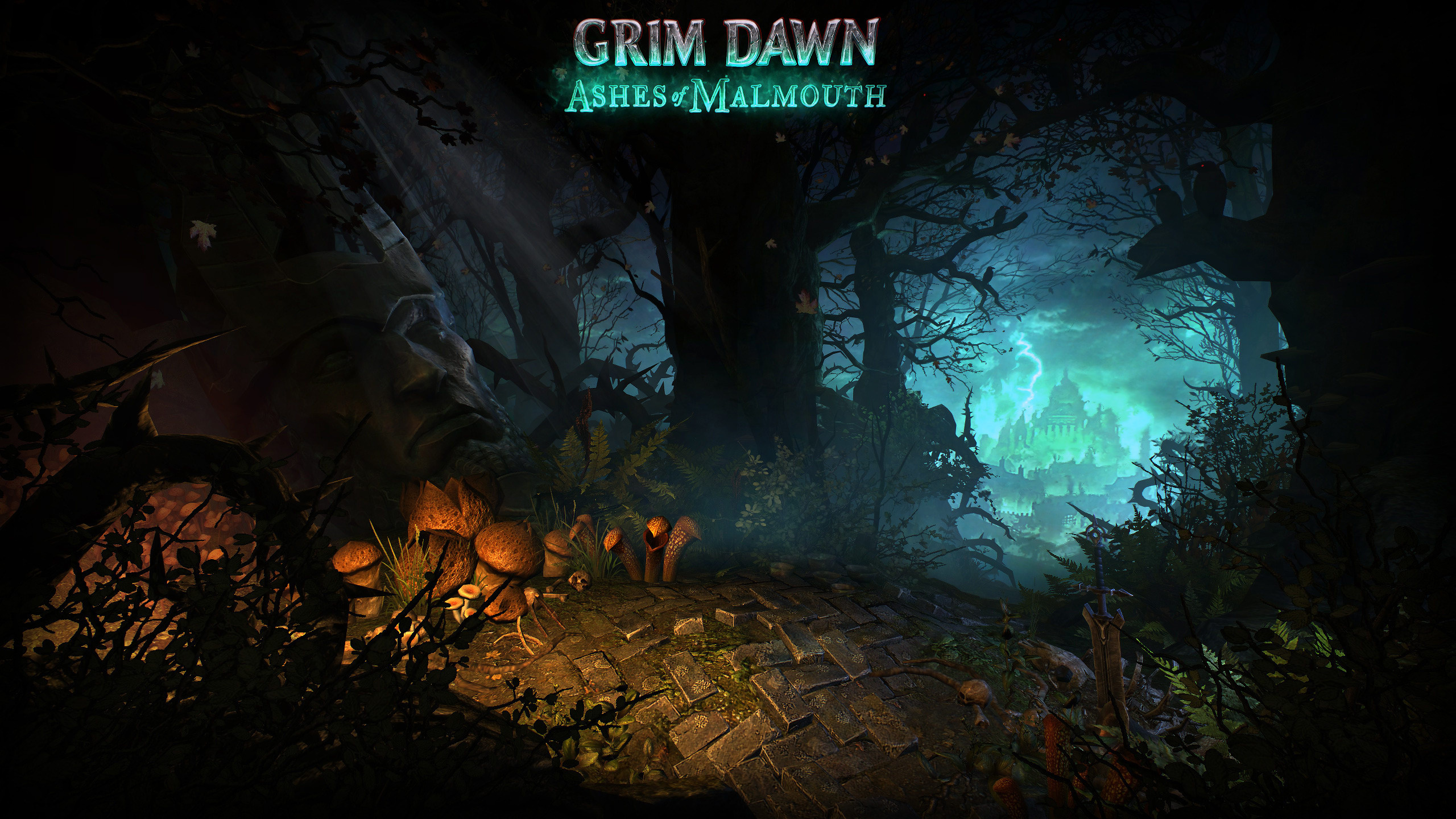 Grim Dawn: Ashes of Malmouth styled main menu, The downloadable DLC released in 2017. 2560x1440 HD Wallpaper.