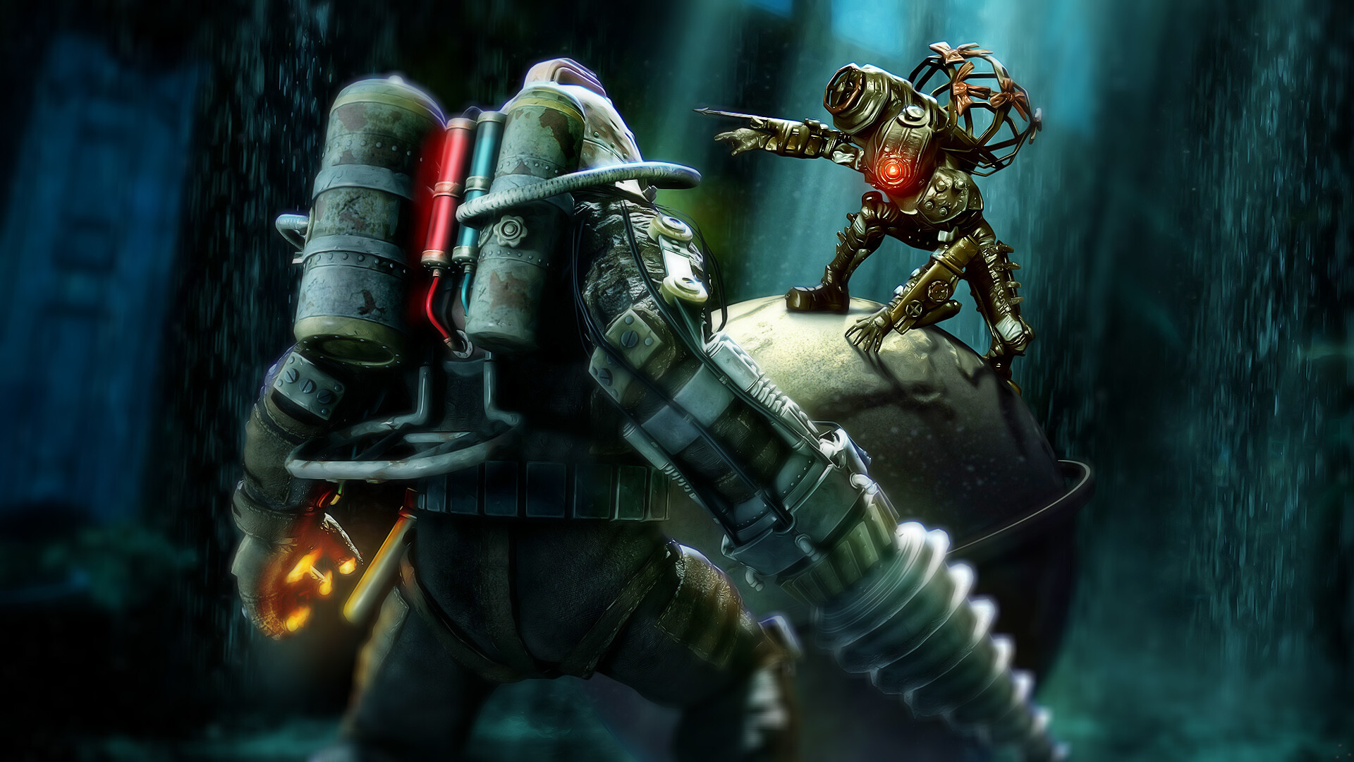 BioShock: Big Daddies, Genetically enhanced human beings who have had their skin and organs grafted into an armored diving suit. 1920x1080 Full HD Wallpaper.