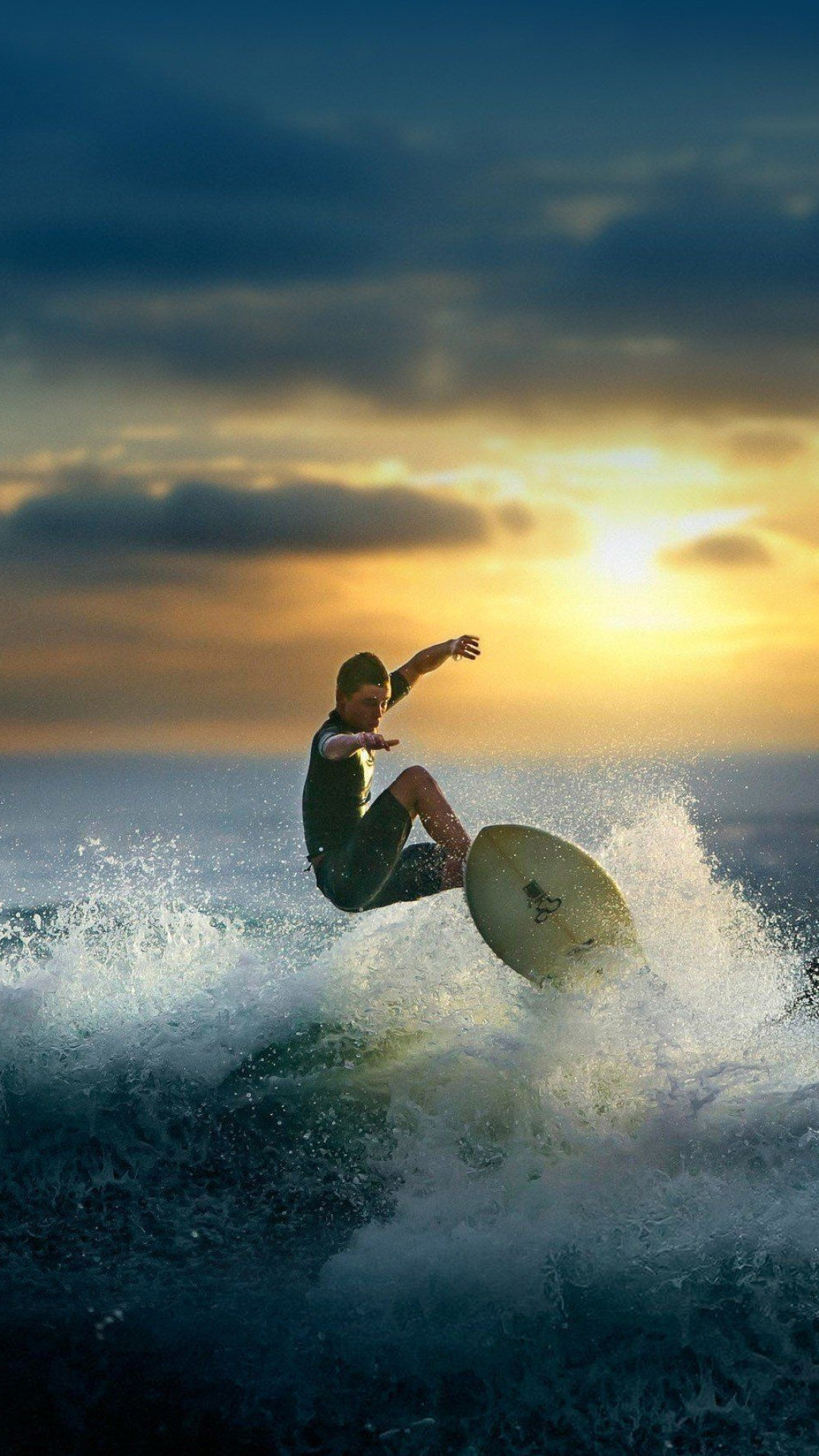 Surfing: Alley Oop intense air jump stunt, Shortboarding performance by a professional surfer. 1080x1920 Full HD Background.