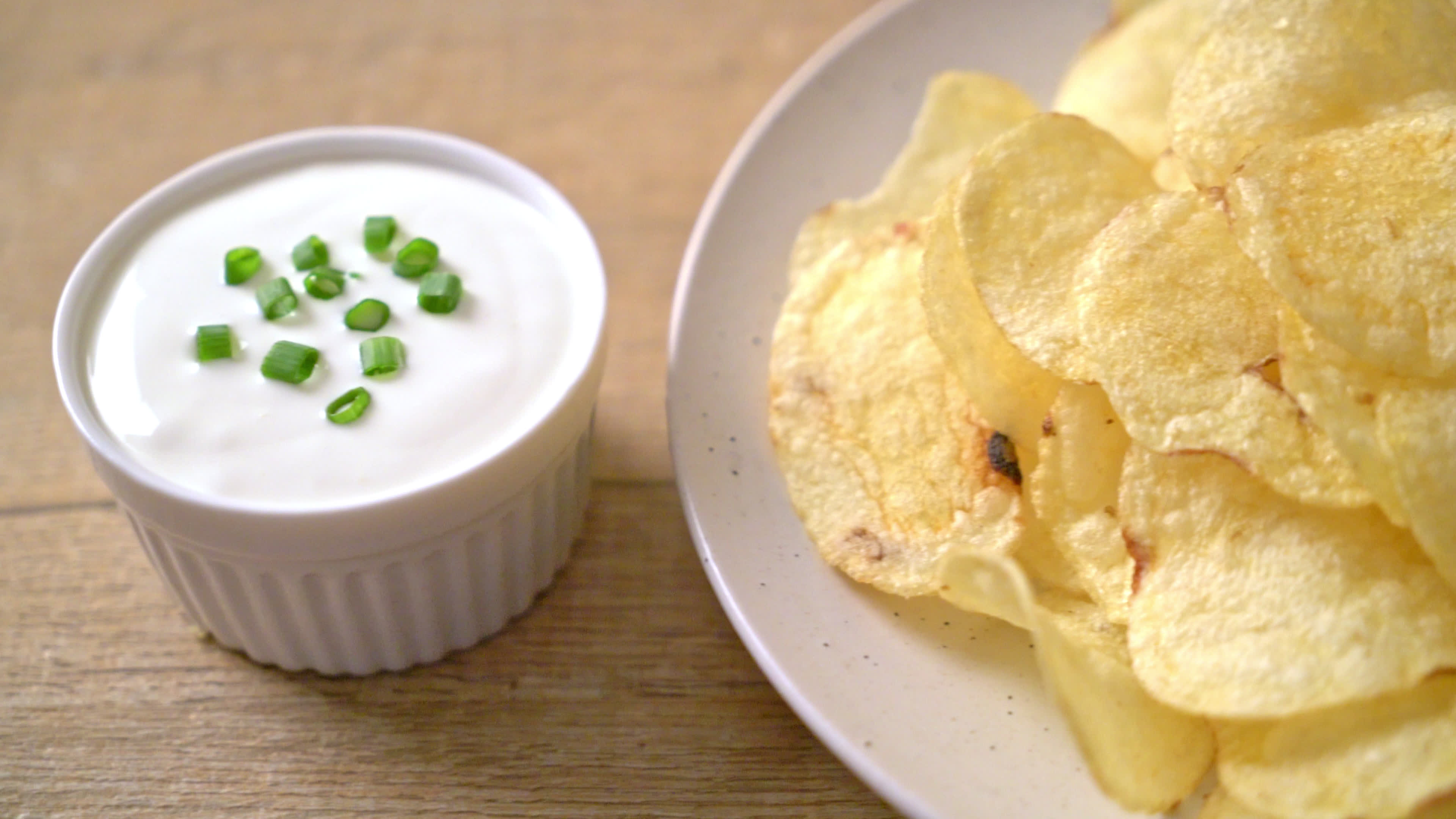 Potato chips, Sour cream dipping sauce, Tempting treat, Stock video, 3840x2160 4K Desktop