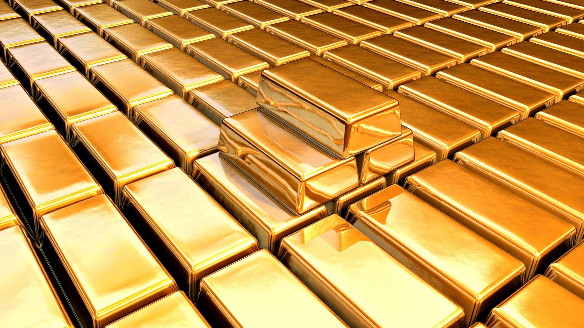 Gold: Gold bars laid out on a horizontal surface, A bulk quantity of precious metal assessed by weight and cast as ingots. 1920x1080 Full HD Wallpaper.