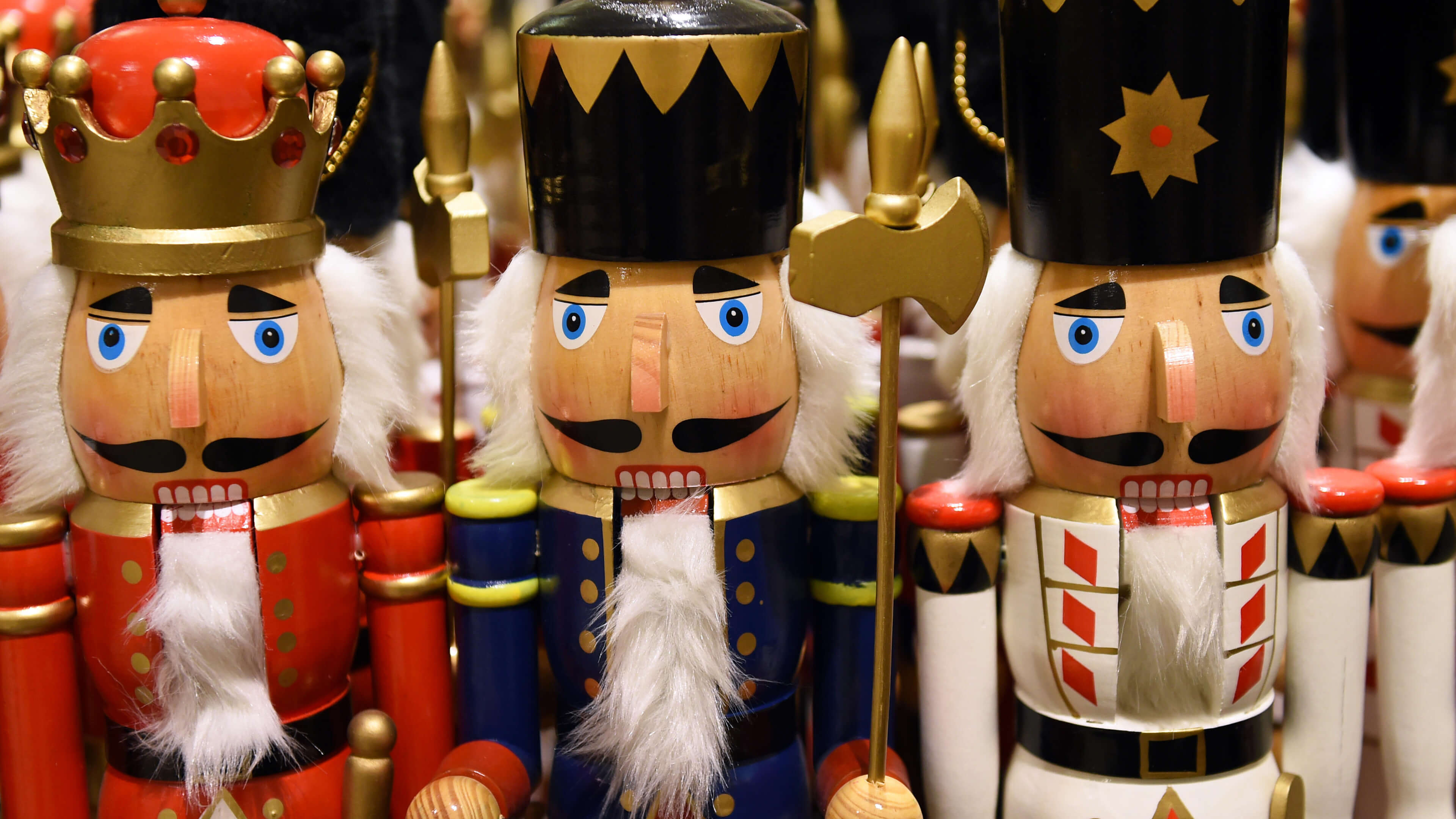 Nutcracker: Christmas nutcrackers, Decorative figurines most commonly made to resemble a toy soldier. 3840x2160 4K Background.