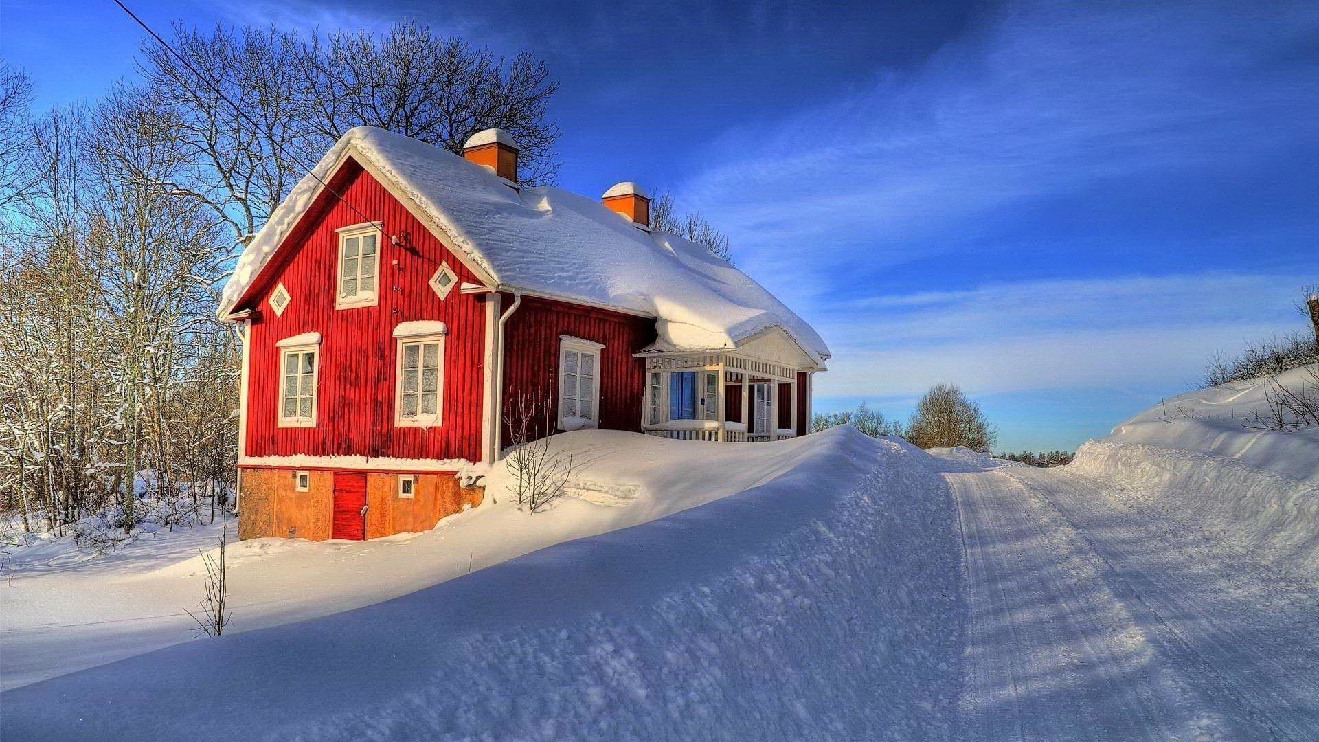 Architecture house window, Snow winter road, Trees clouds nature, Sweden landscape, 1920x1080 Full HD Desktop
