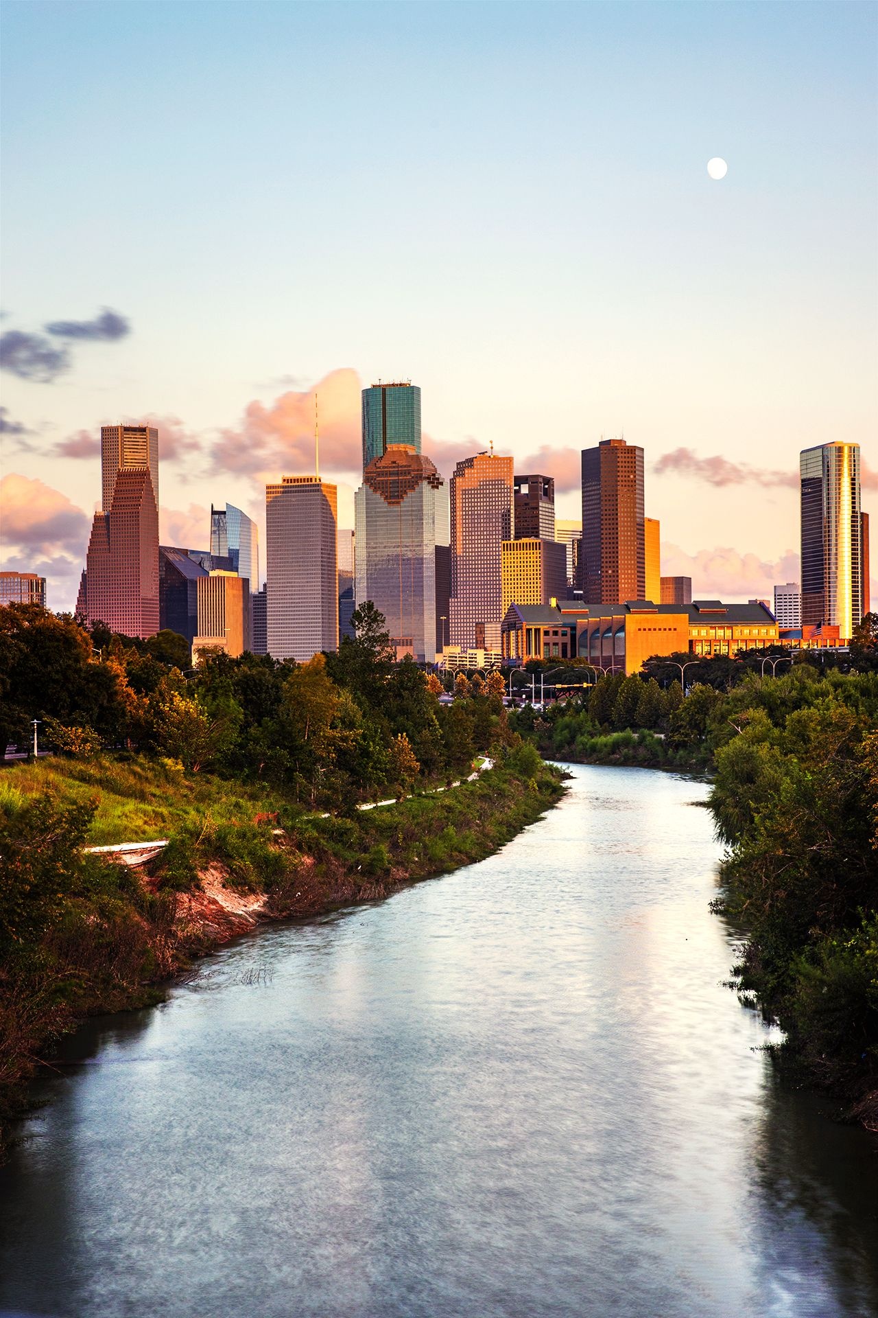 Houston Skyline, Buffalo Bayou serenity, Local photography, Houston travel, 1280x1920 HD Phone