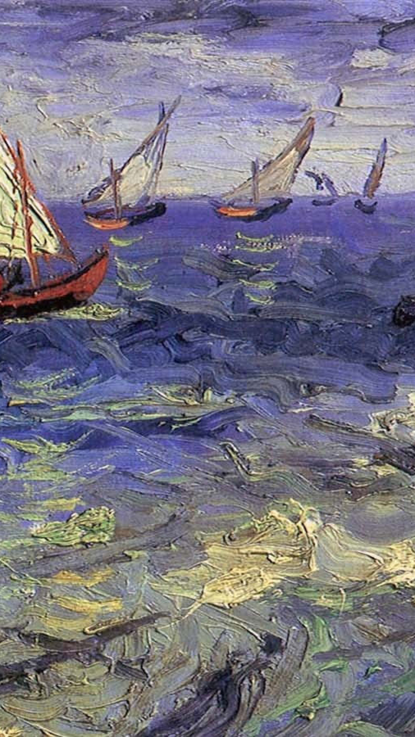 Vincent van Gogh, Boat painting, Captivating seascape, Classic art piece, 1440x2560 HD Phone