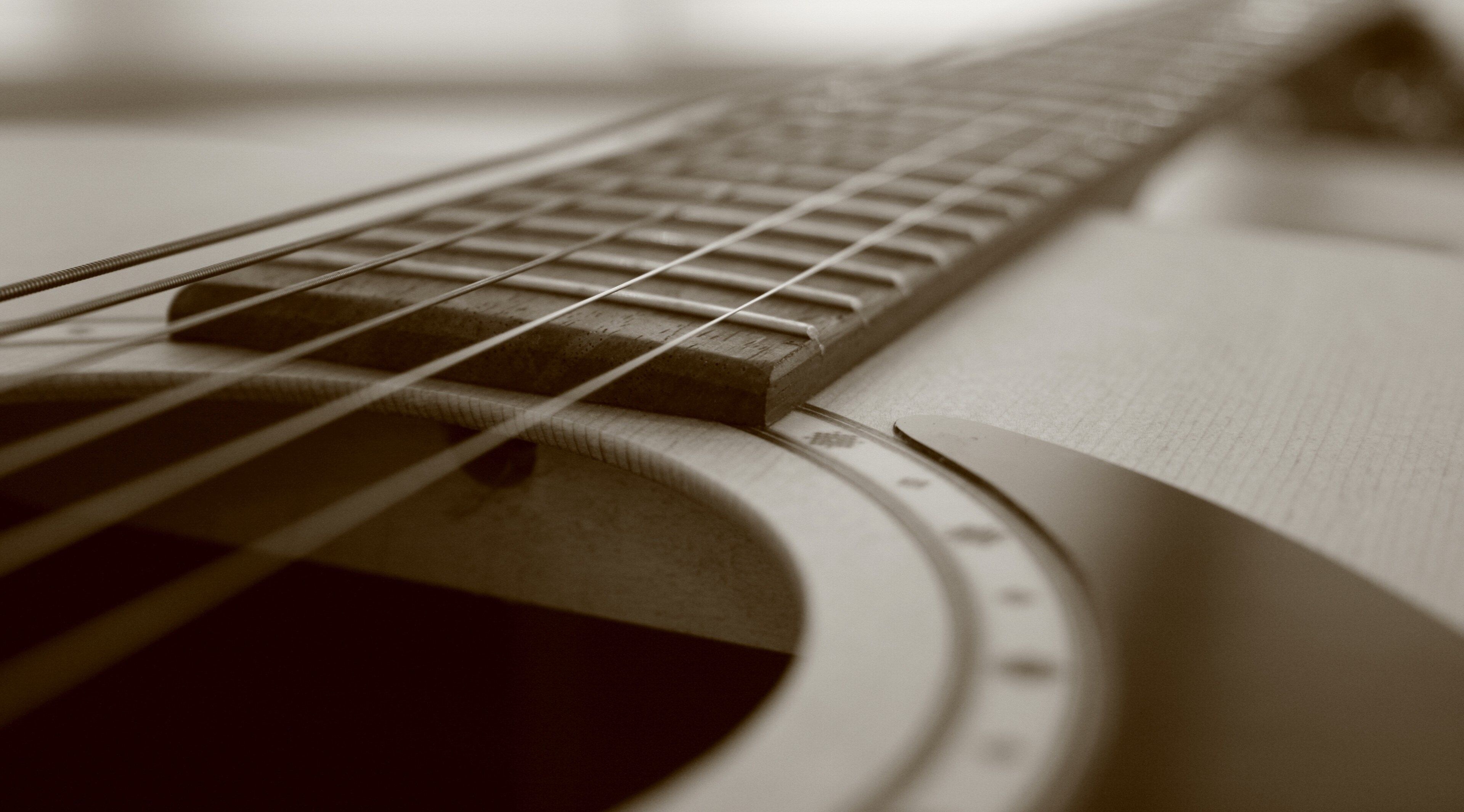 Guitar: Monochromic, Acoustic guitar, A fretted musical instrument that typically has six strings. 3840x2130 HD Wallpaper.