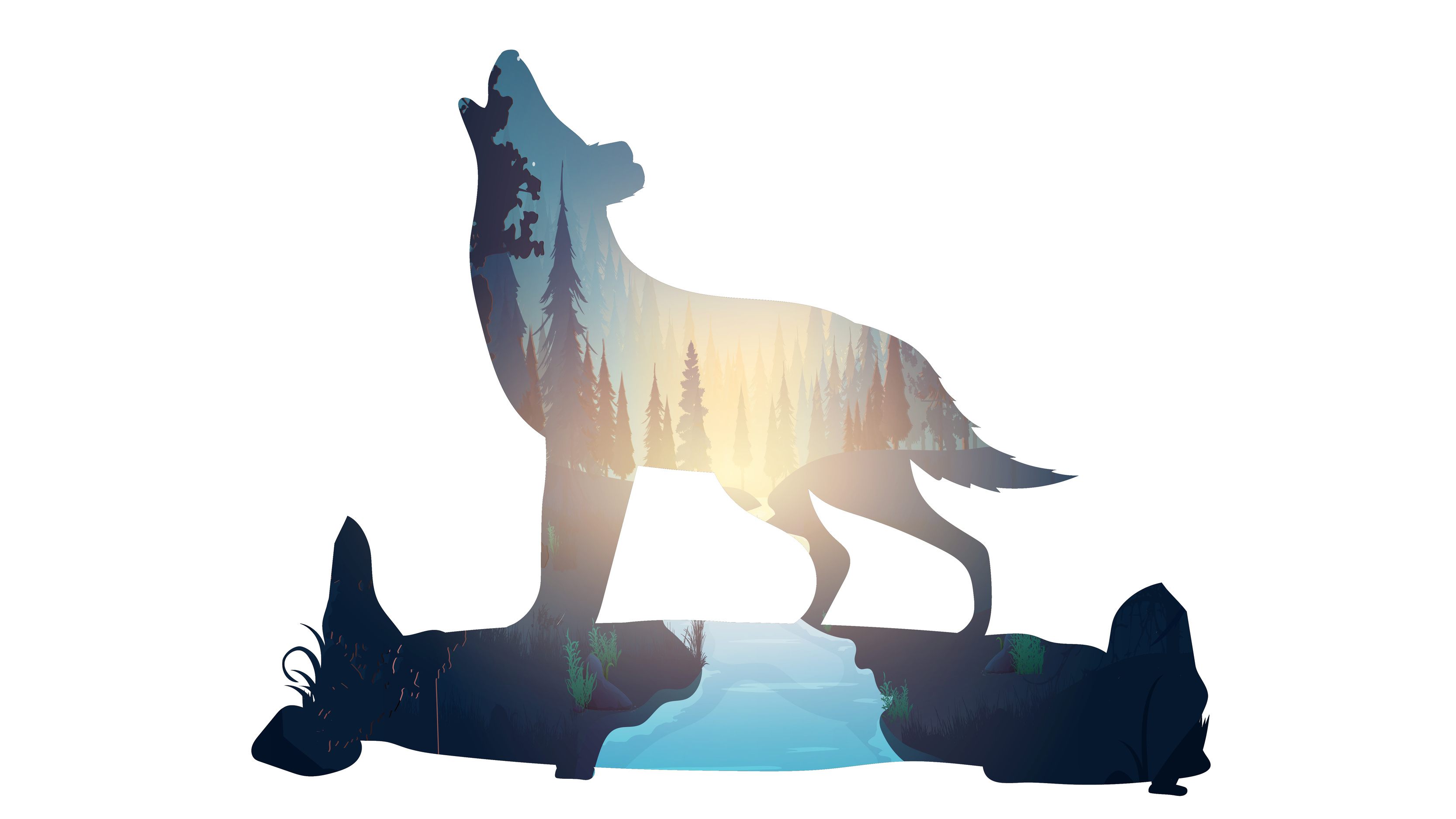 Howling wolf in the forest, Mysterious and captivating, Moon and flying birds, Vector illustration, 3340x1880 HD Desktop