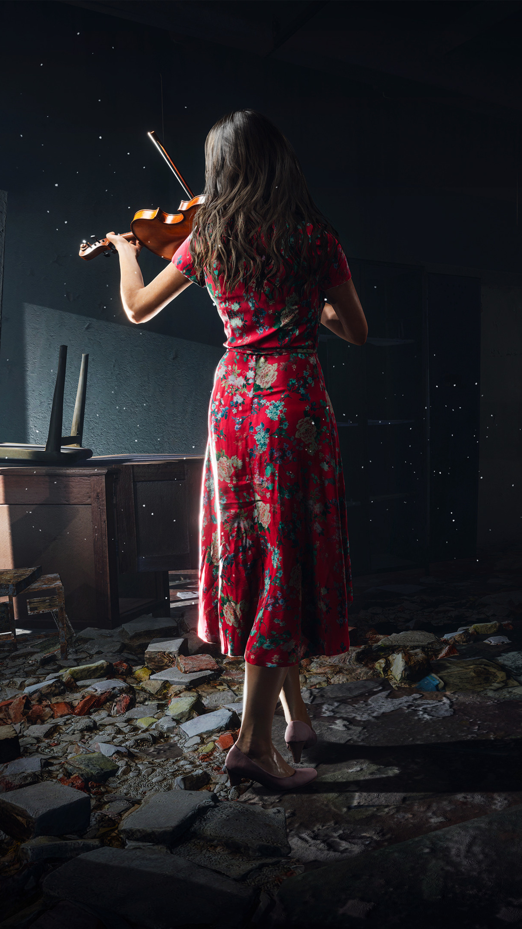 Violin: Chernobylite, Science Fiction Survival Video Game, Ghost Of A Musician In A Ruined House, 2021. 2160x3840 4K Background.
