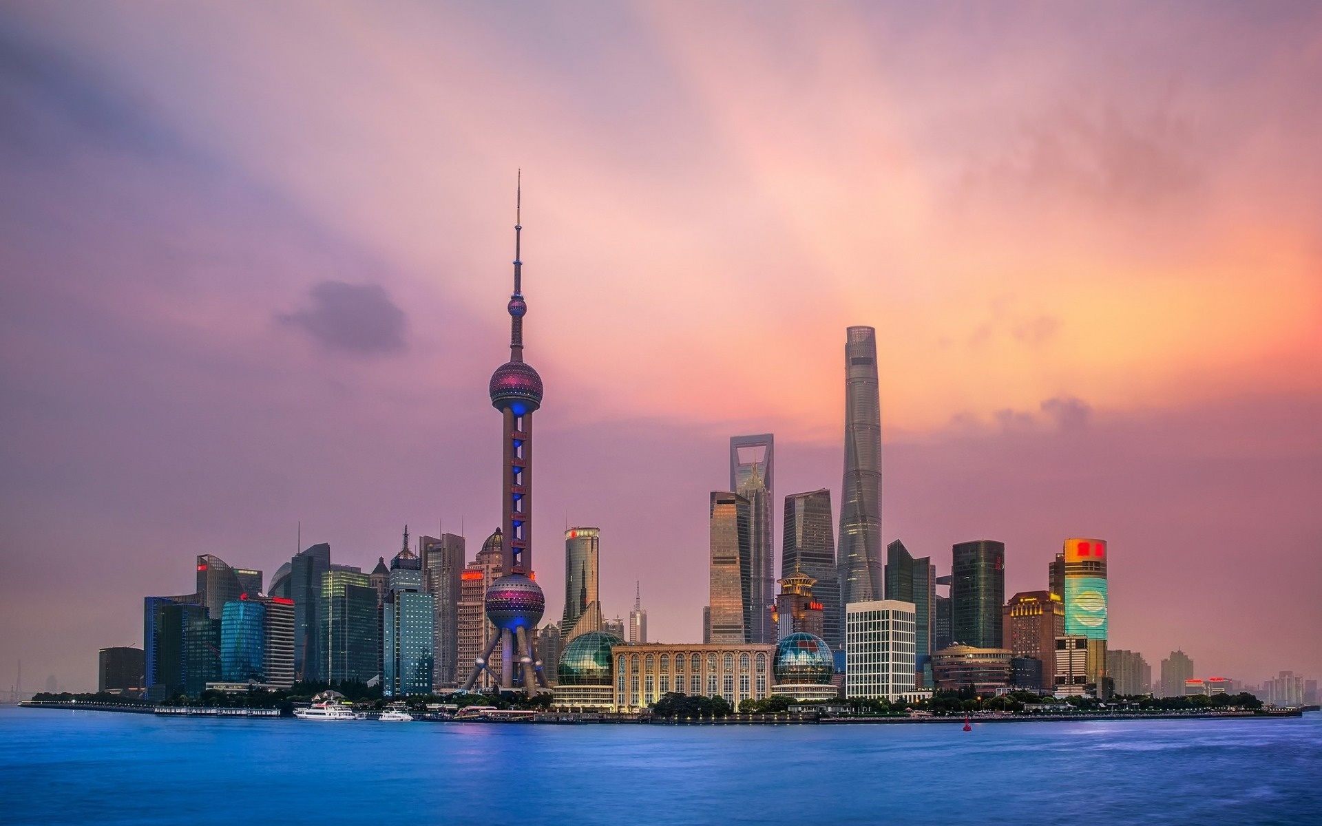 Shanghai World Financial Center, Shanghai skyline at sunset, Oriental Pearl Tower, Night views, 1920x1200 HD Desktop