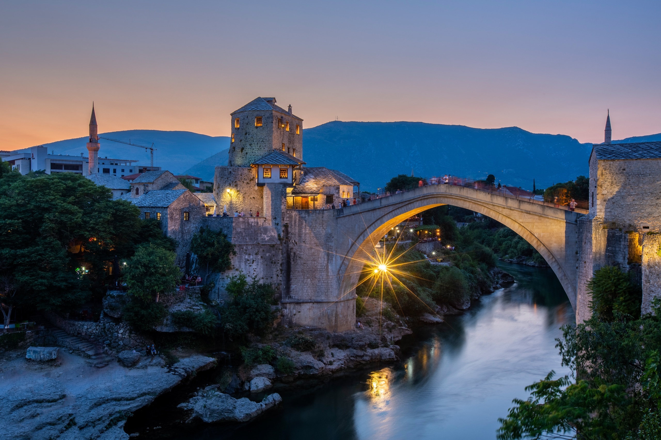 Bosnia town, River lights, Bridge evening, Mostar, 2560x1710 HD Desktop