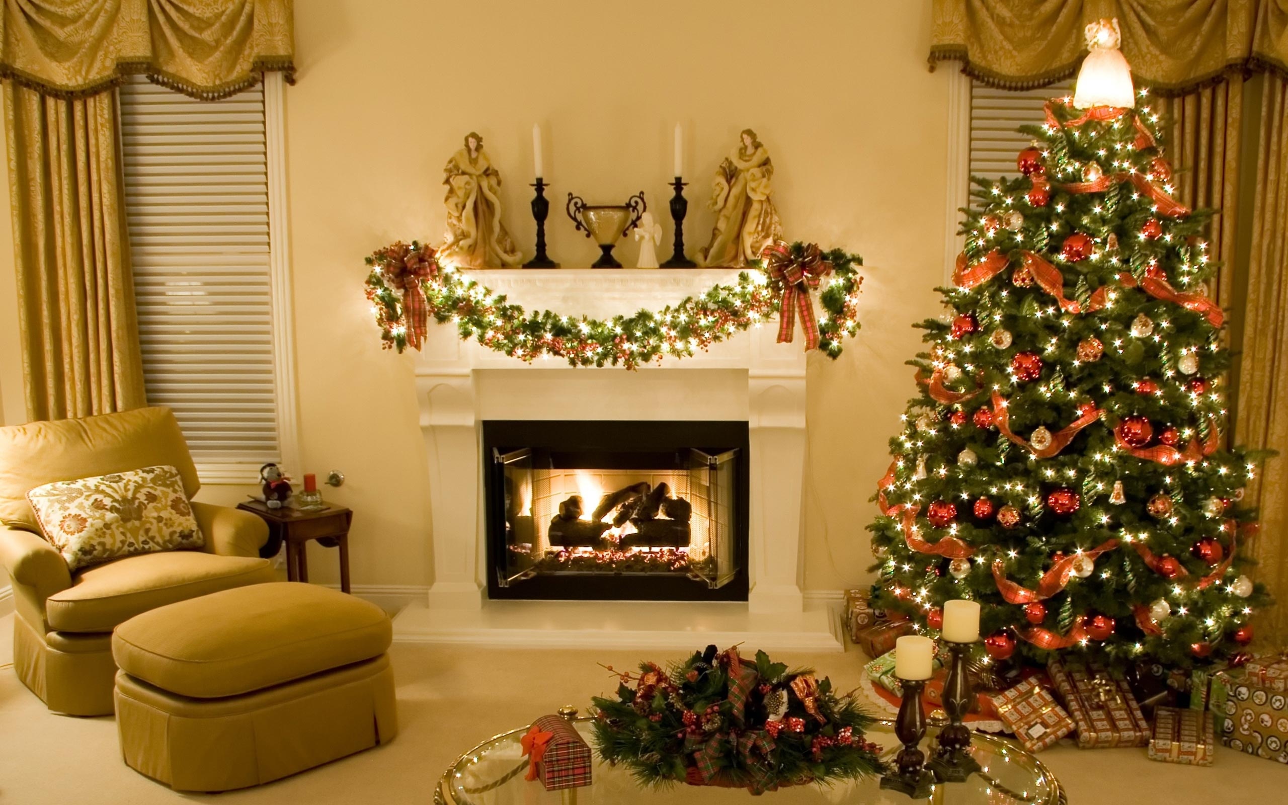 Fireplace: A classic Christmas display on the mantel, Fireside comfort. 2560x1600 HD Background.