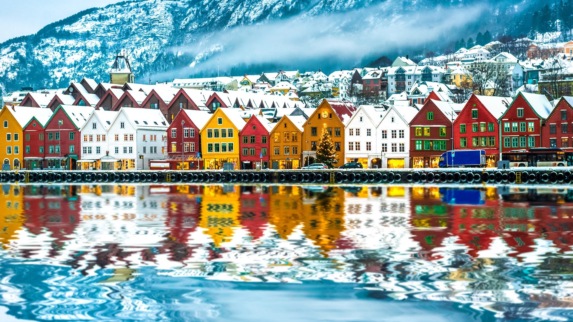 Bryggen, Winter view, Vgen harbor, Bergen cityscape, 1920x1080 Full HD Desktop