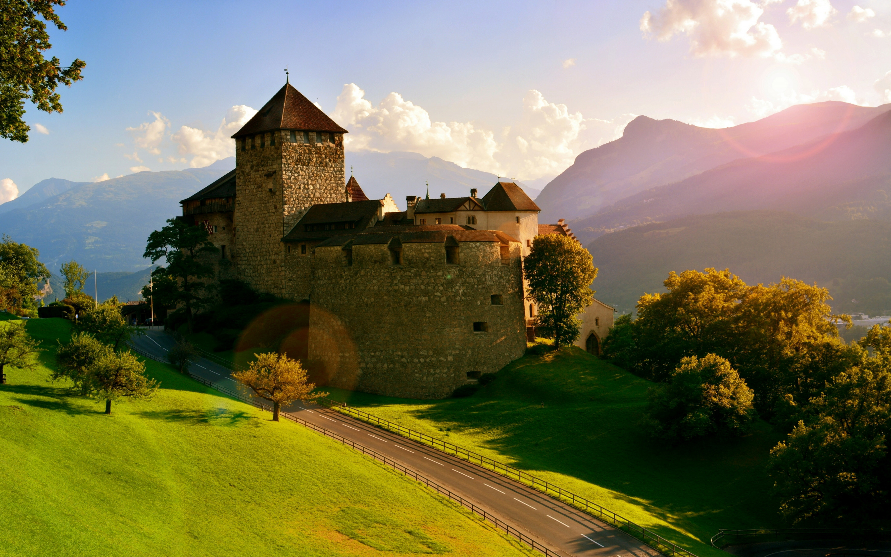 Road trees mountains castle, Alps Liechtenstein, 2880x1800 HD Desktop