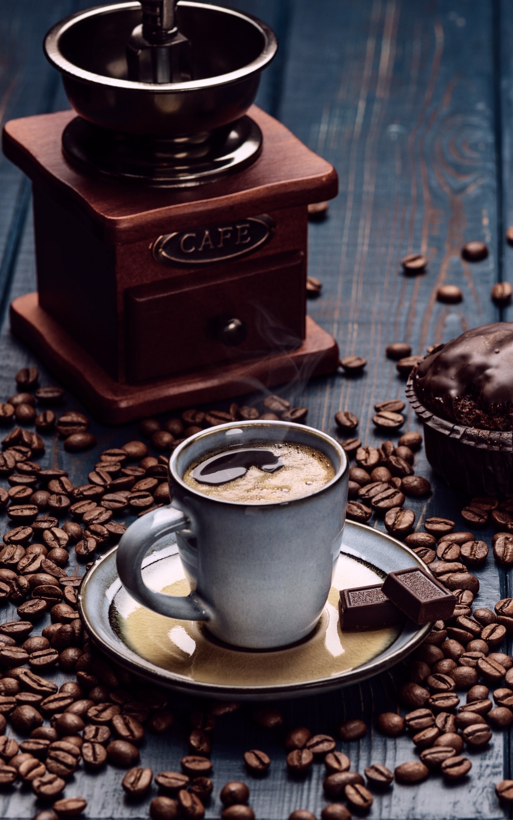 Coffee: Beans, Hand grinder, Chocolate. 1760x2800 HD Background.