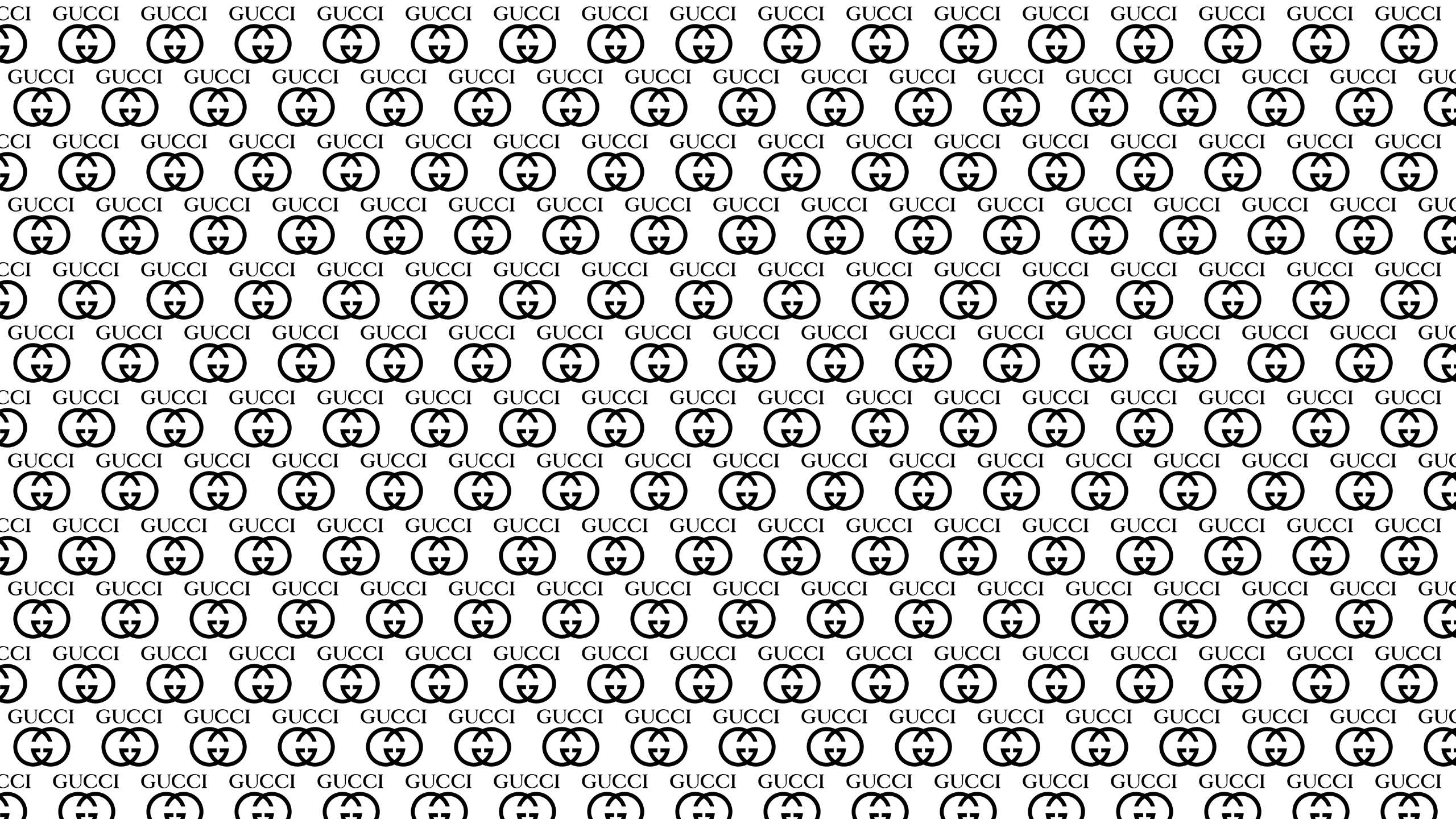 Gucci: Black and white, Repeating pattern, The iconic brand, Logo. 2560x1440 HD Wallpaper.