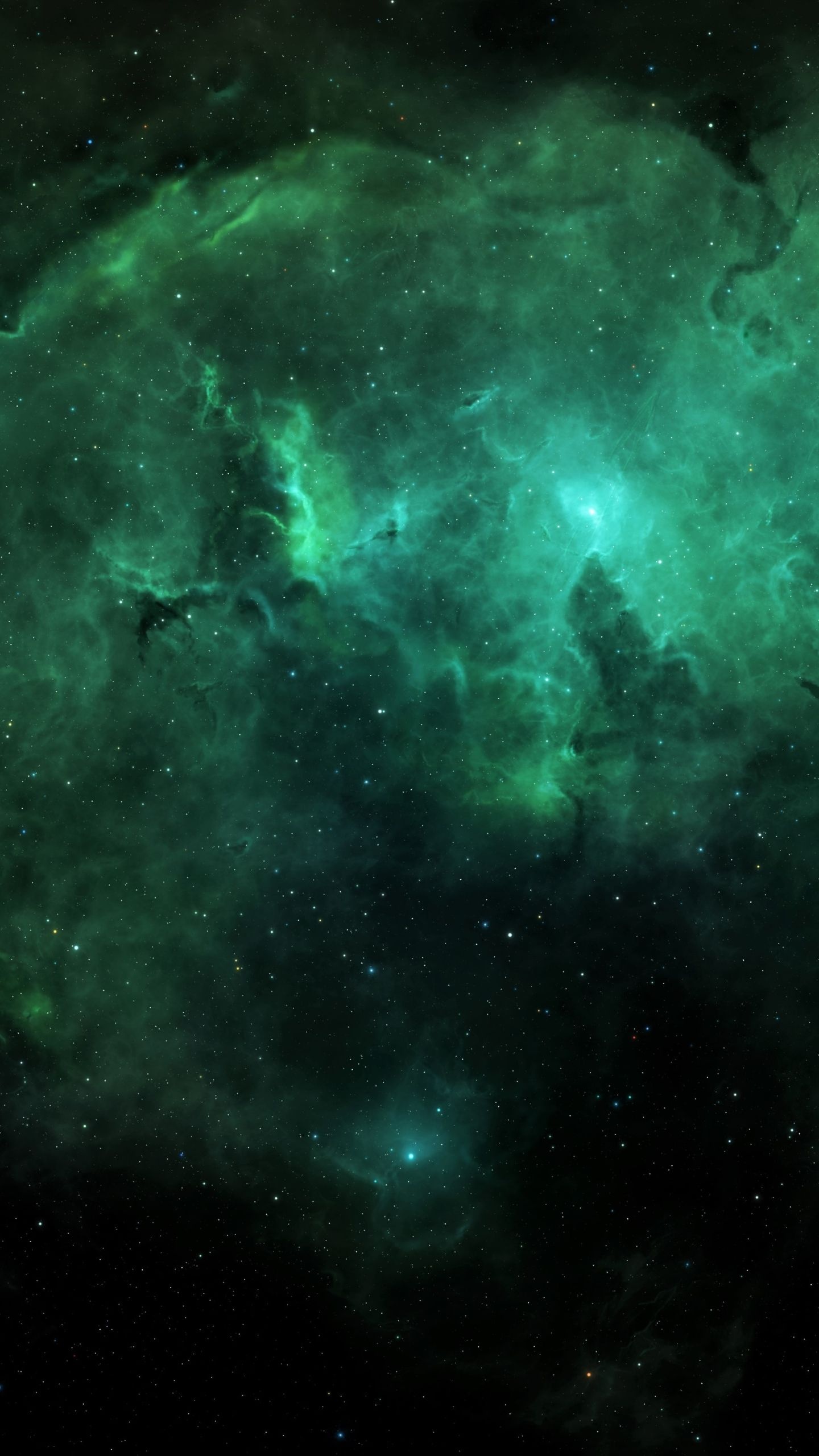Green Nebula: Cold molecular pillars, An elephant trunk, The neighborhood of massive O type and B type stars. 1440x2560 HD Background.