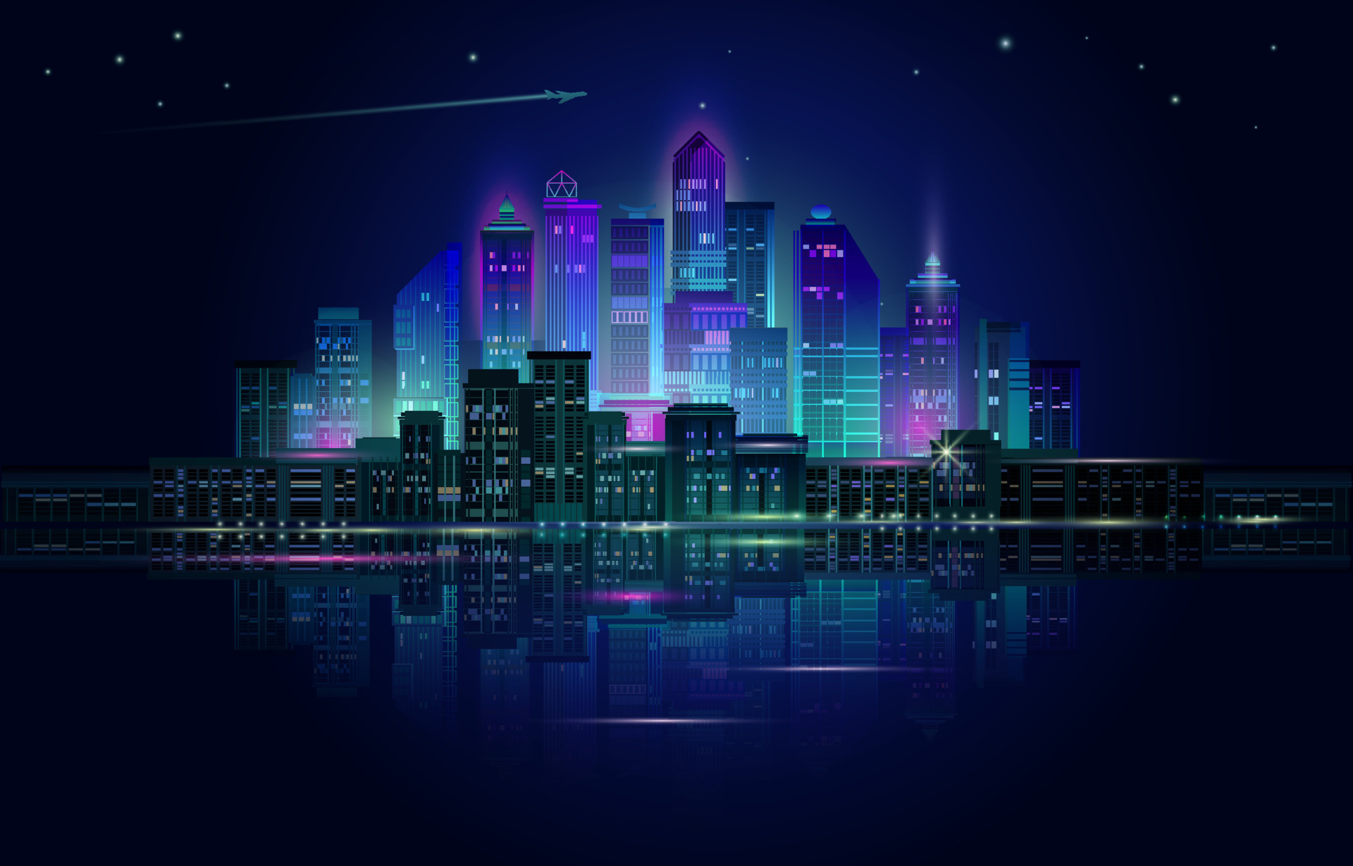 Night city panorama, Neon glow, Dark background, 1920x1230 HD Desktop