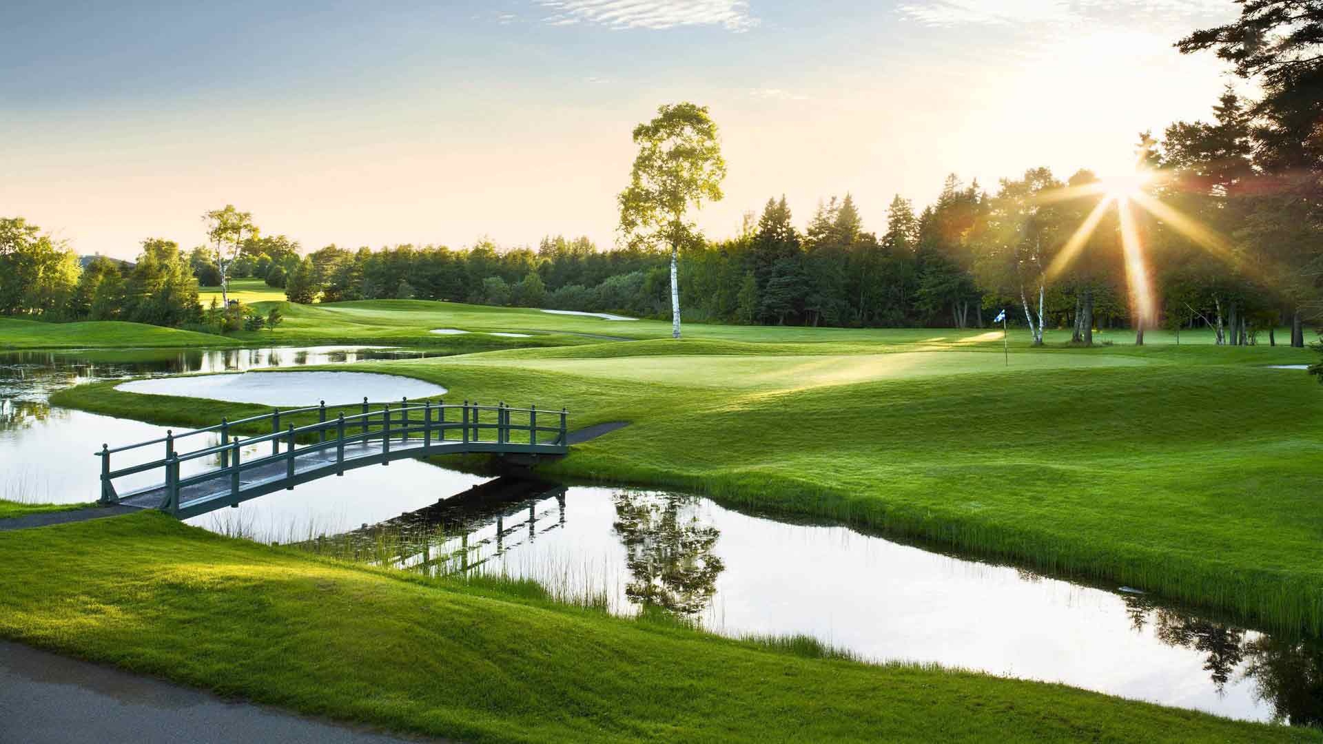 Golf Course: Landscape architecture, River, Tee-box, Bent grass, Meadow, Nature, Sunlight. 1920x1080 Full HD Wallpaper.