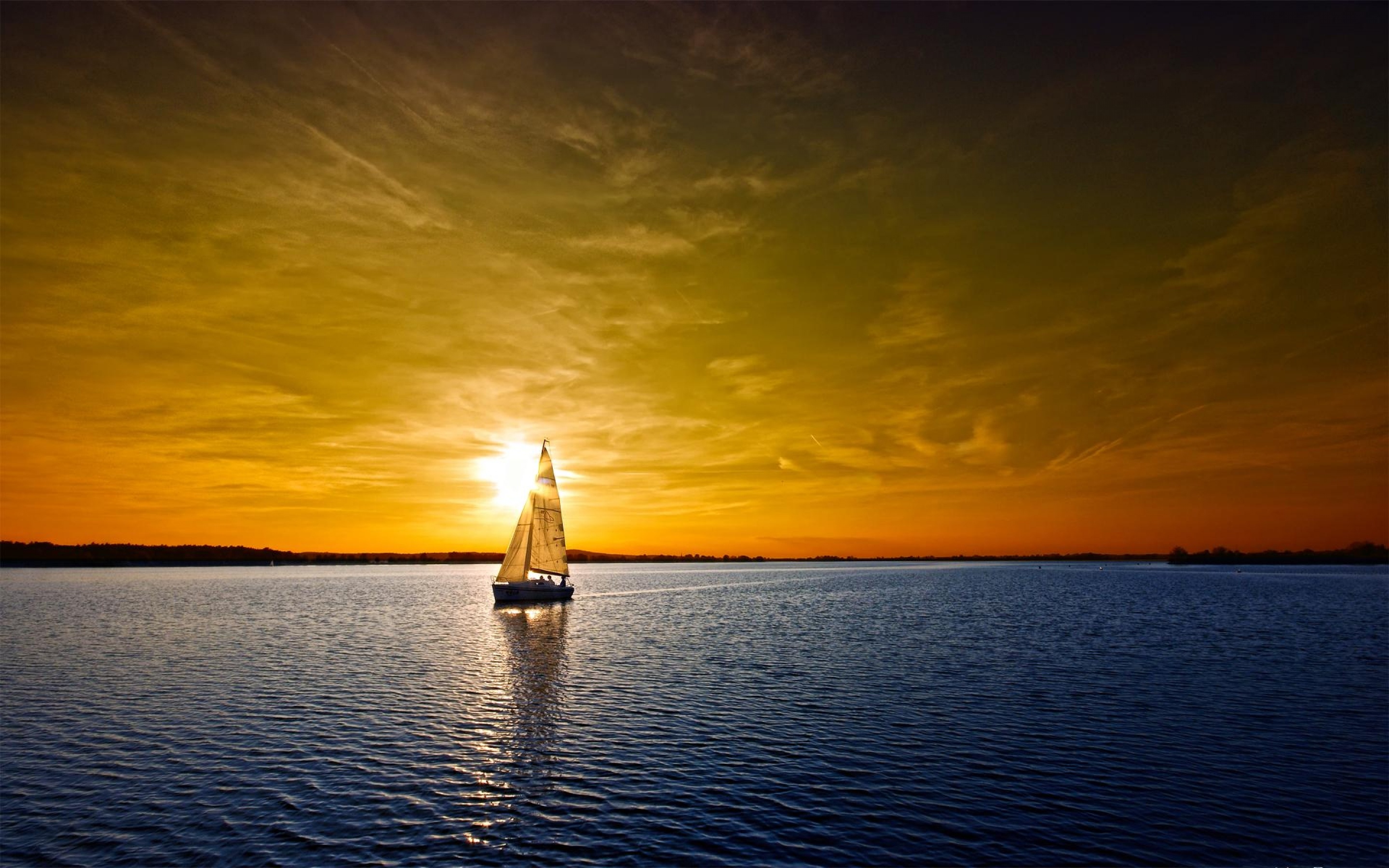 Sailing: Boat, Sunset, Landscape, Nature, Yachting, Boating, Watercraft, A water sport. 2880x1800 HD Wallpaper.