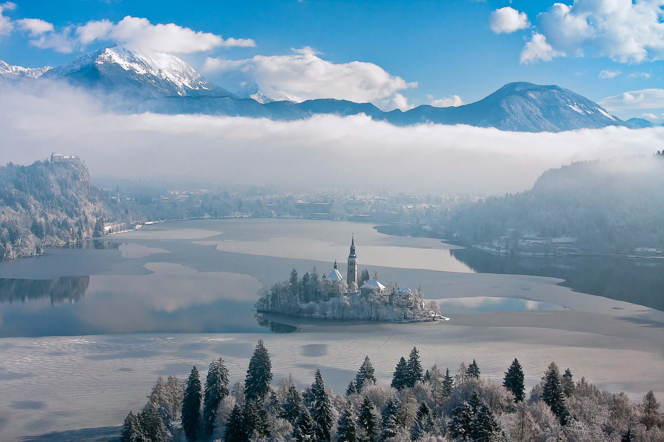 Lake Bled, Frozen wonderland, Winter travel destination, Snow-covered beauty, 2230x1490 HD Desktop