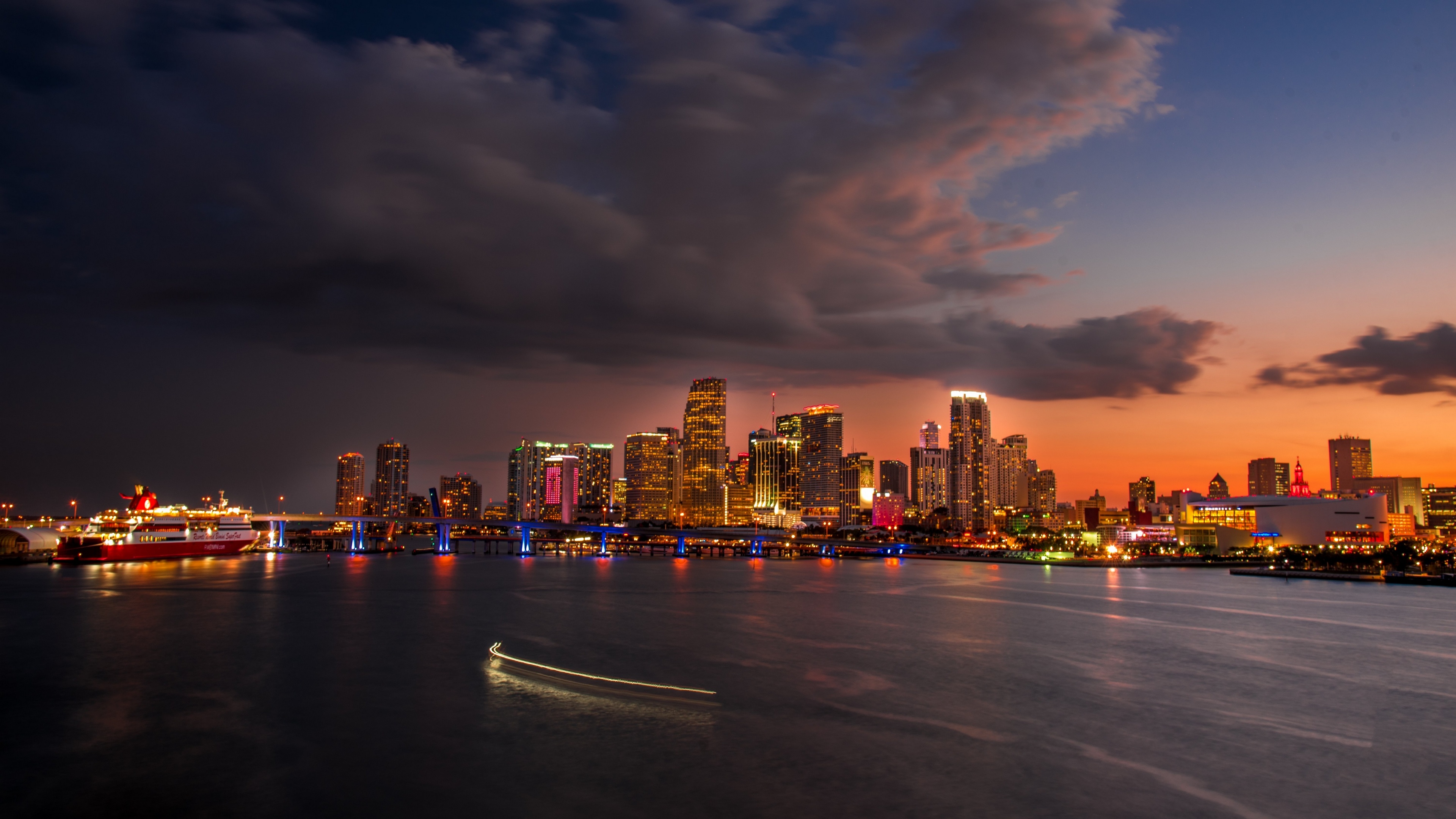 Miami travels, Night city wallpaper, USA skyscrapers, Urban lights, 3840x2160 4K Desktop