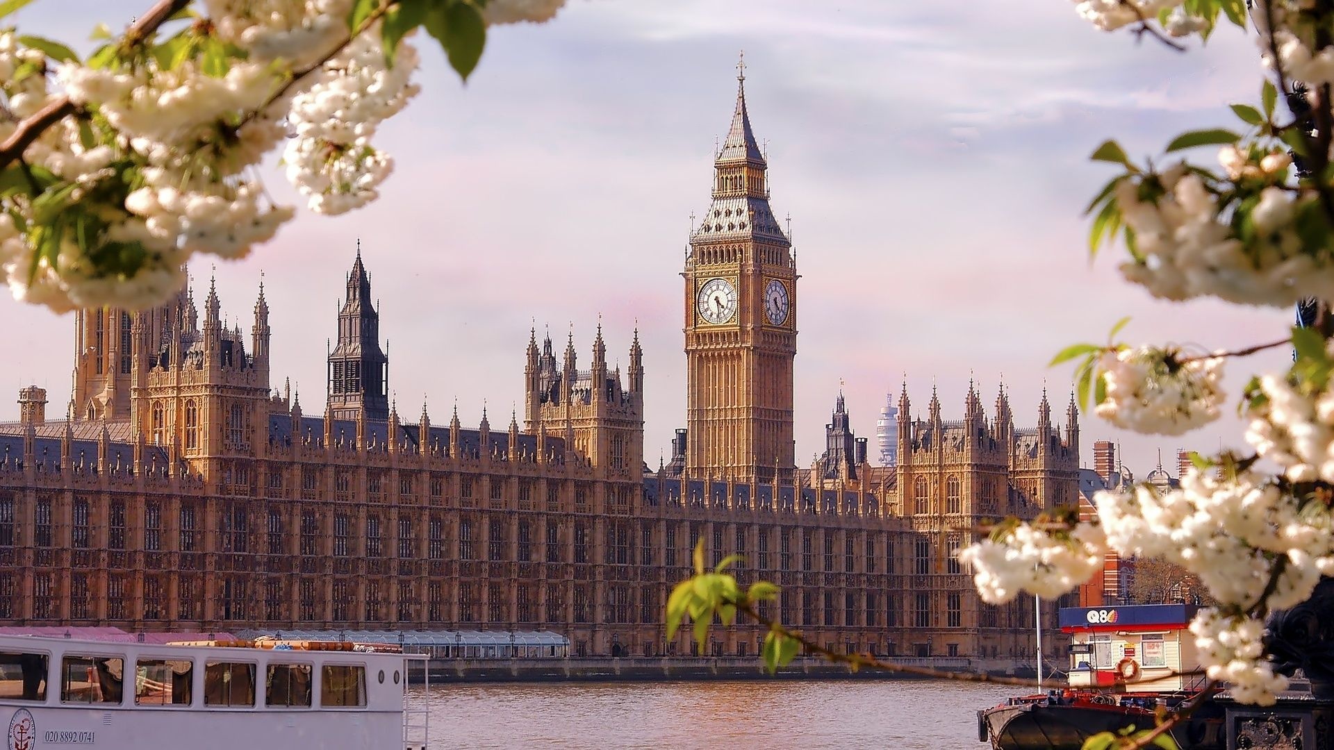 London: Palace of Westminster, Tower, Clock, Body of water. 1920x1080 Full HD Background.