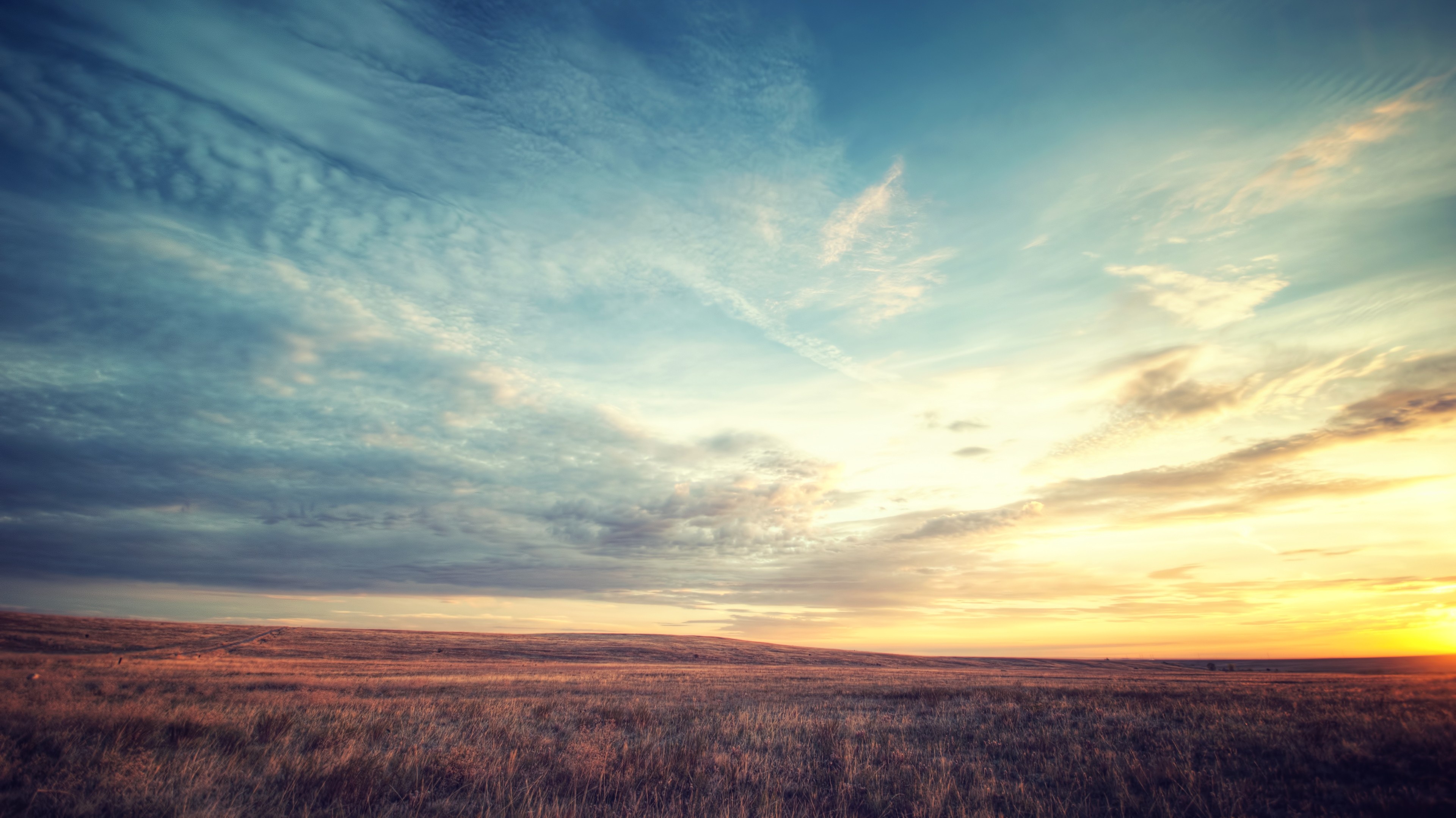Grassland: Sunlight, Landscape, Sunset, Hill, Nature, Field, Horizon, Dusk, Clouds, Plain, Prairie. 3840x2160 4K Wallpaper.