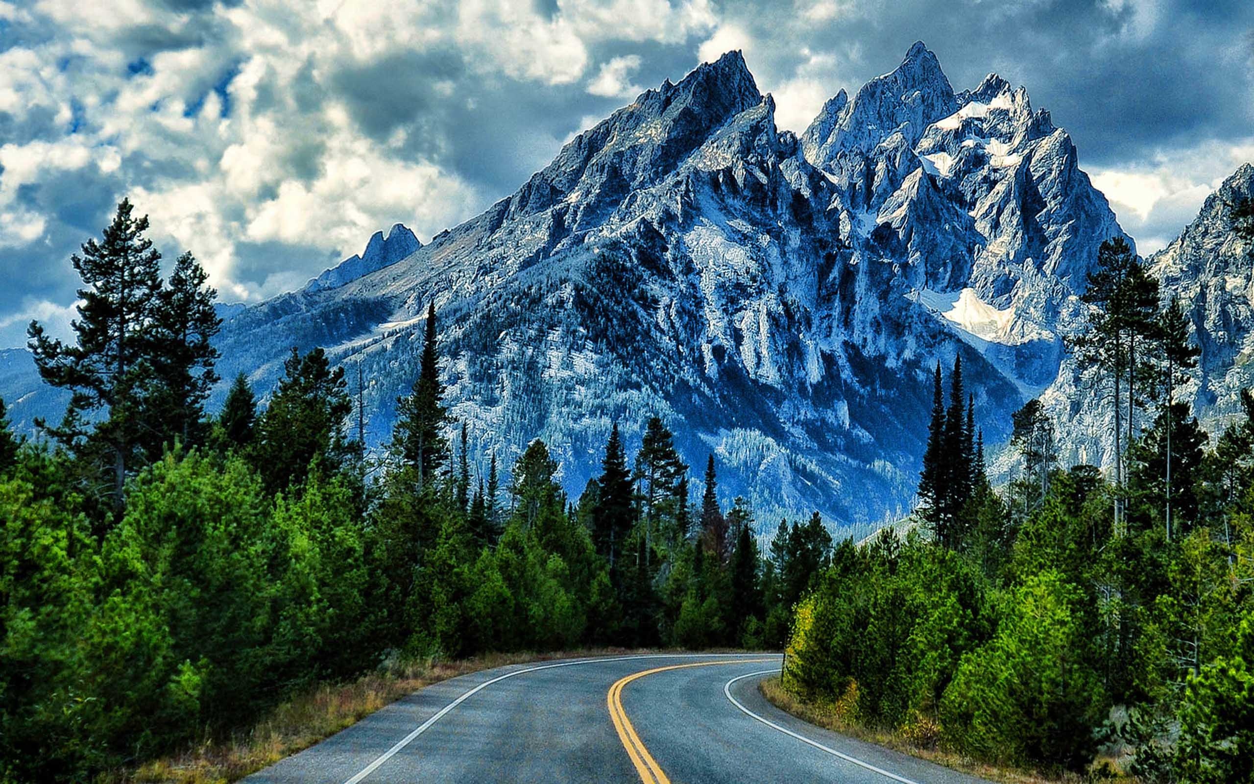 Snowy mountain landscape, Road, Grand Teton National Park, 2560x1600 HD Desktop