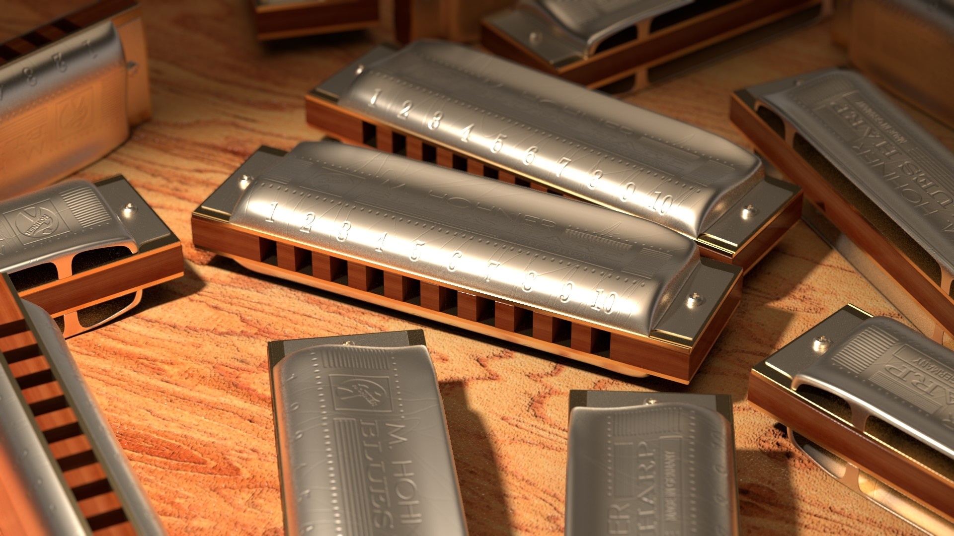 Harmonica: M.Hohner, Blues Harp, Diatonic Richter-Tuned With Ten Air Passages And Twenty Reeds. 1920x1080 Full HD Background.