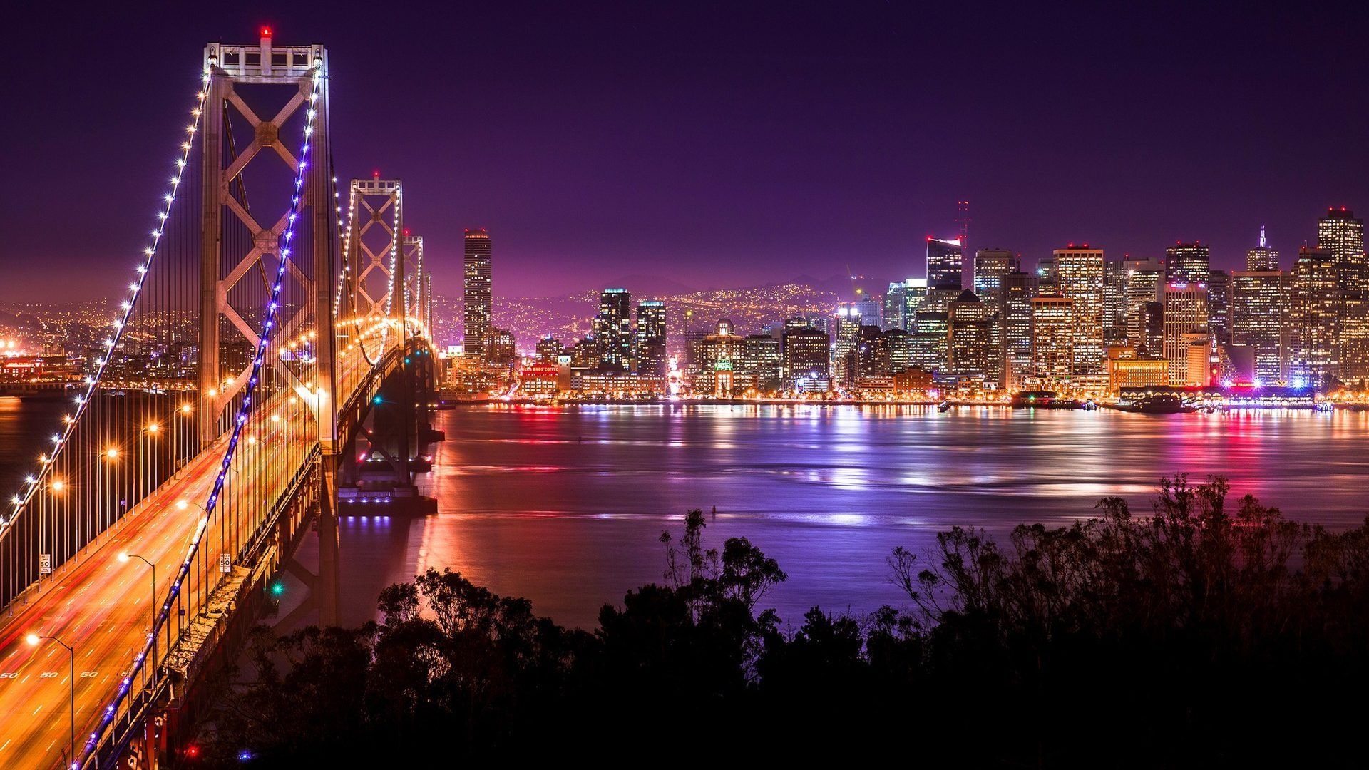 San Francisco Skyline, Night sky, Cityscape silhouette, Bright city lights, 1920x1080 Full HD Desktop