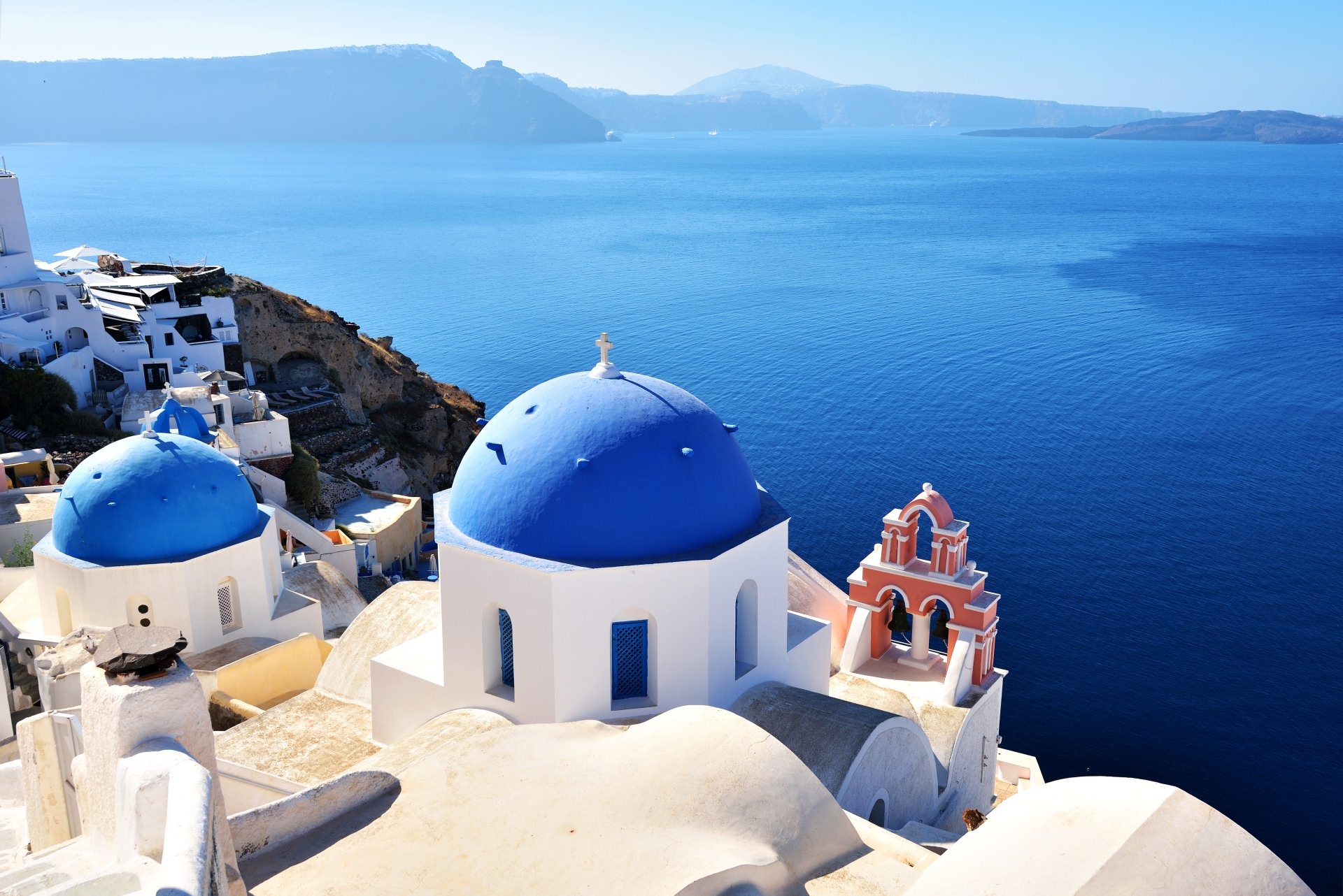 Blue Domes of Oia, Iconic Santorini architecture, Cycladic charm, Santorini highlights, 1920x1290 HD Desktop
