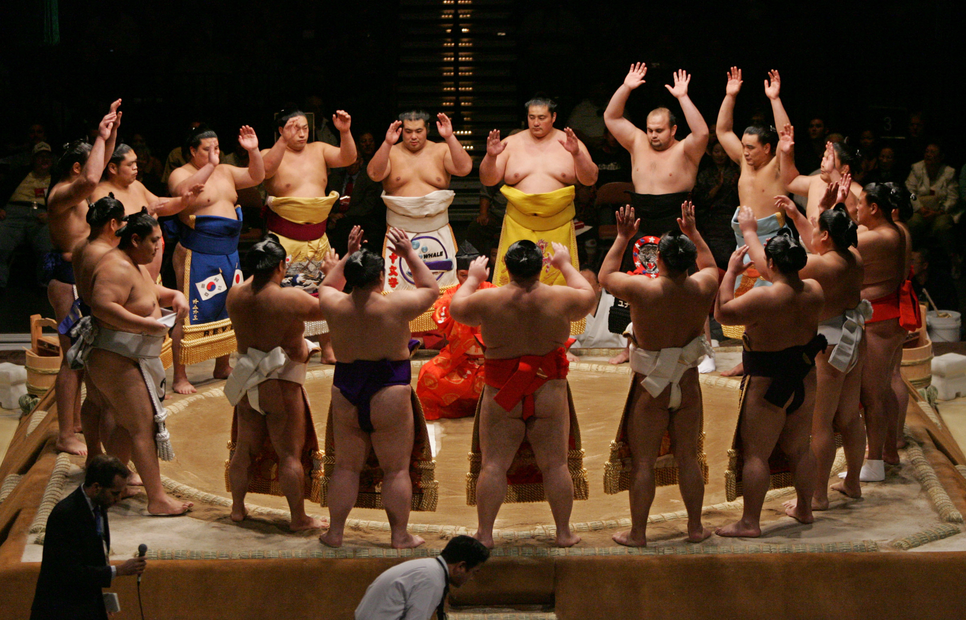 Sumo: A group of rikishi - wrestlers, Professionally practiced national sport in Japan. 3270x2100 HD Background.