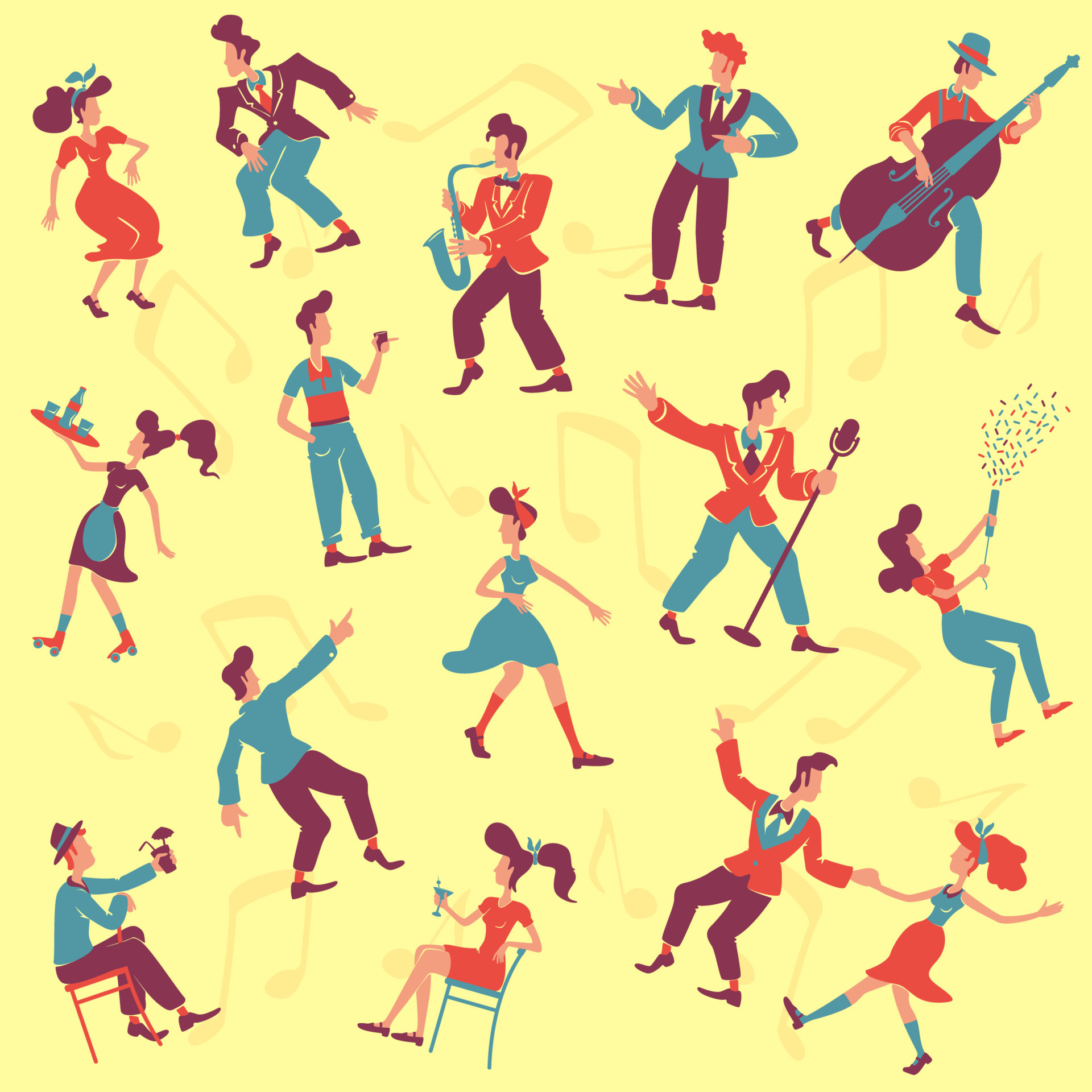 Jive: Art, Retro style party, Jazz musicians, Rock'n'roll dancers, Old fashioned, 1940s. 1920x1920 HD Wallpaper.