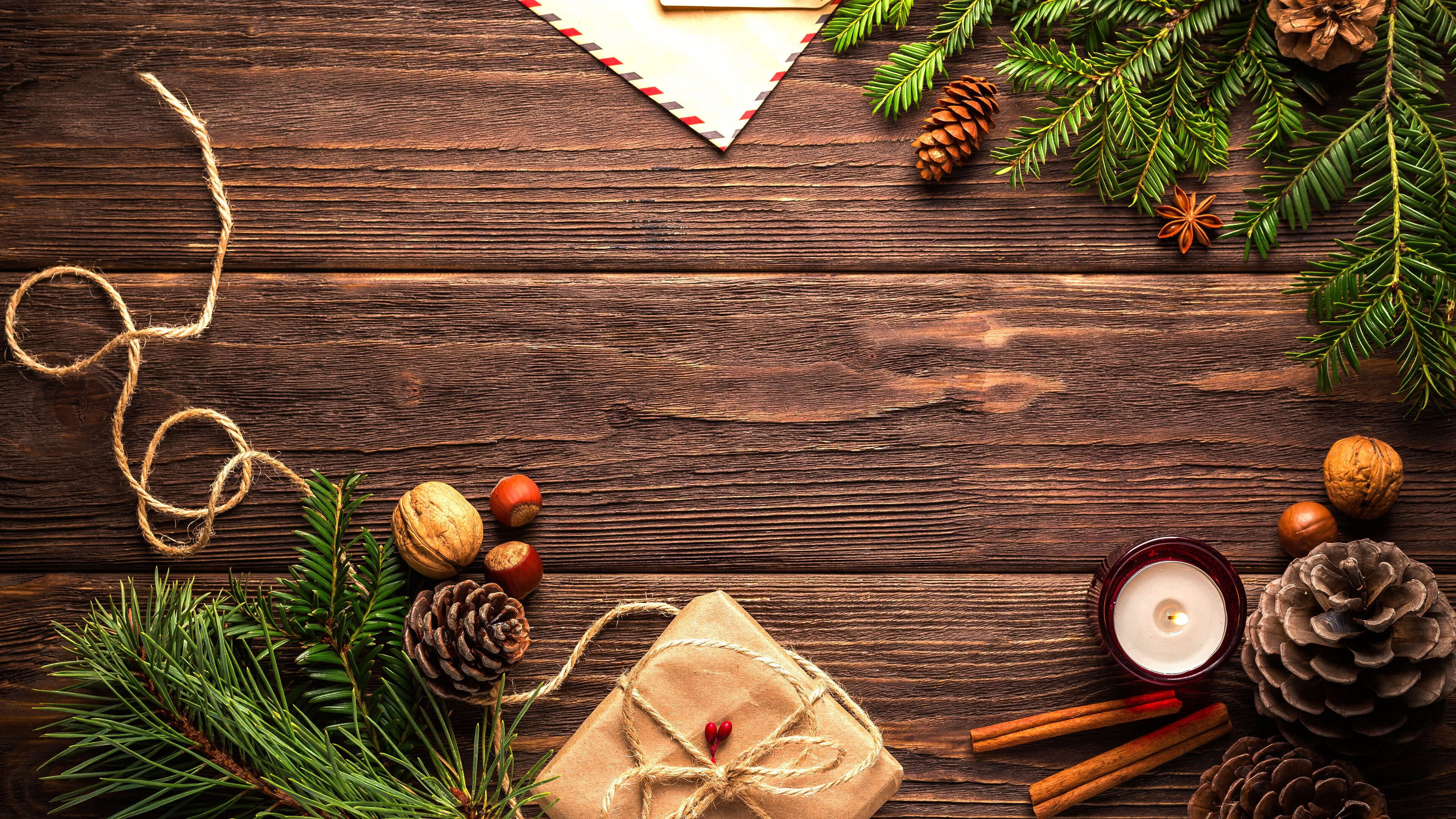Christmas Ornament: Wood table, Decorations, Winter holydays. 3840x2160 4K Background.