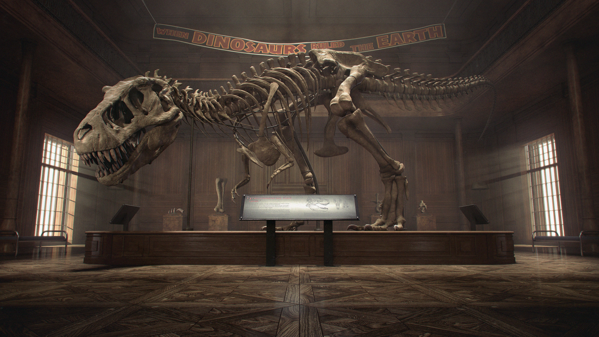 Tyrannosaurus Rex museum exhibit, Sebastien Evrard artwork, Paleontological masterpiece, Captivating display, 1920x1080 Full HD Desktop