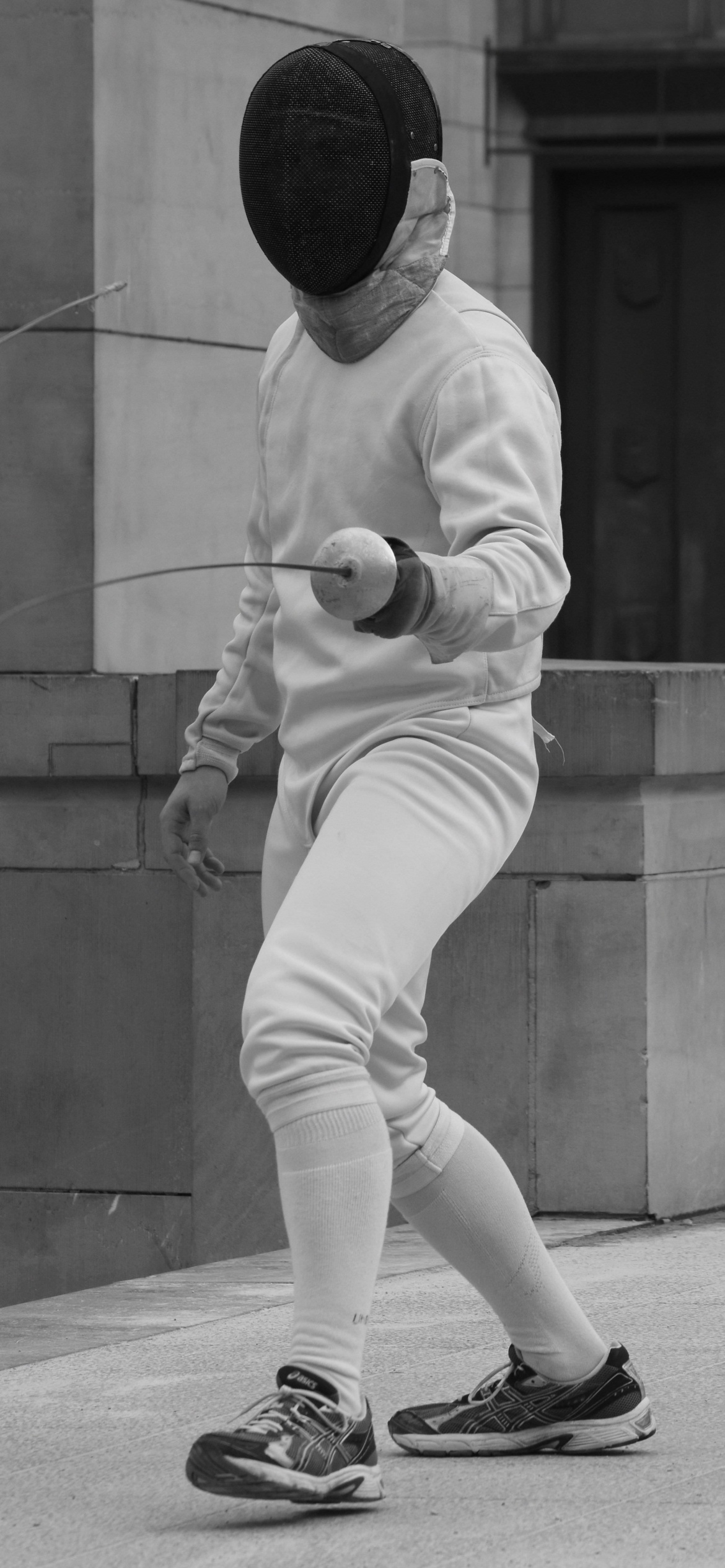 Fencing: Monochrome foil fencer, An athlete with the lightest weapon for the combat sports. 1170x2540 HD Background.