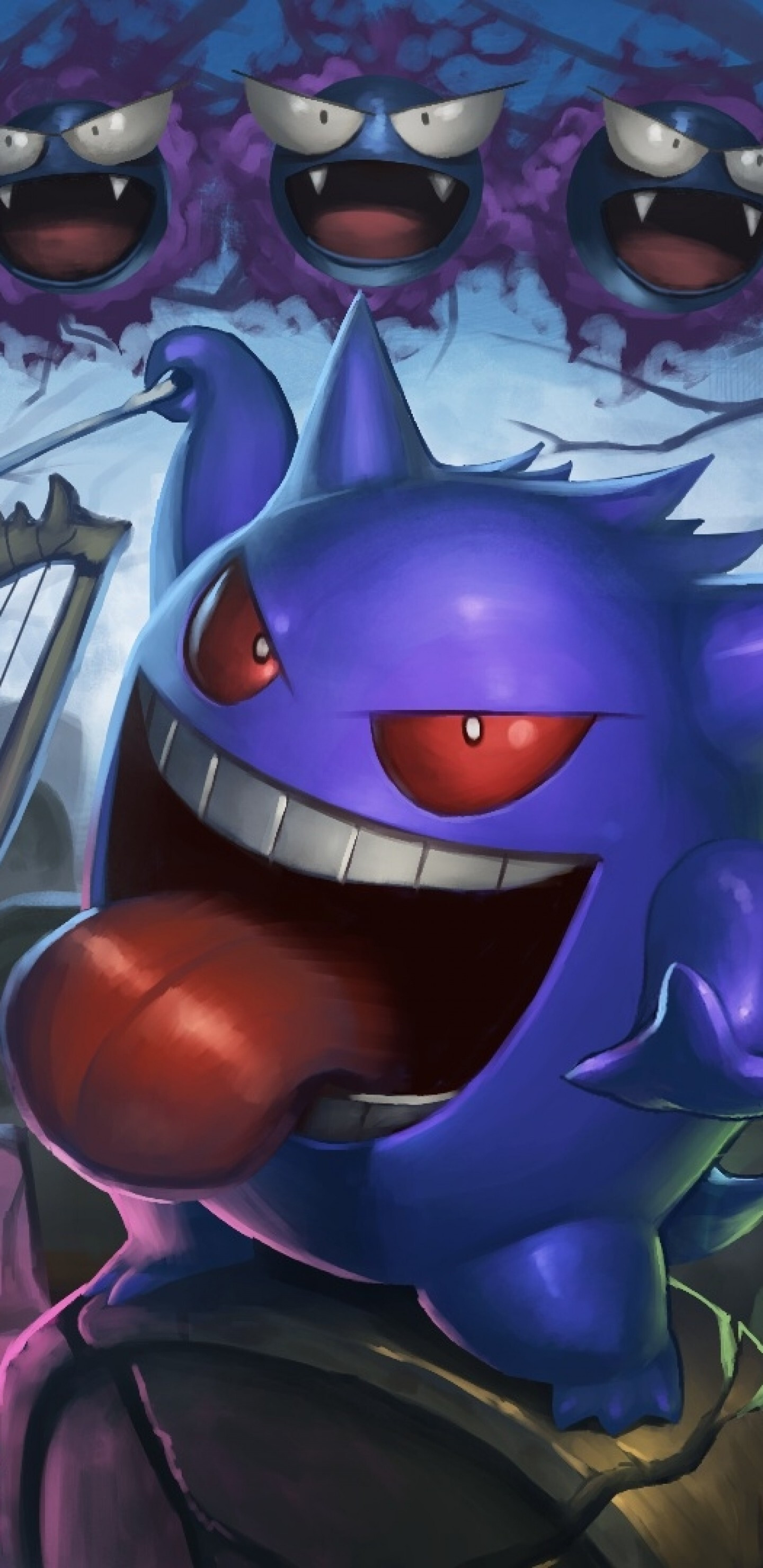 Gengar: Haunter, A purple, spiky, floating figure with triangular eyes, Sneaking up on their victims and licking them. 1440x2960 HD Background.