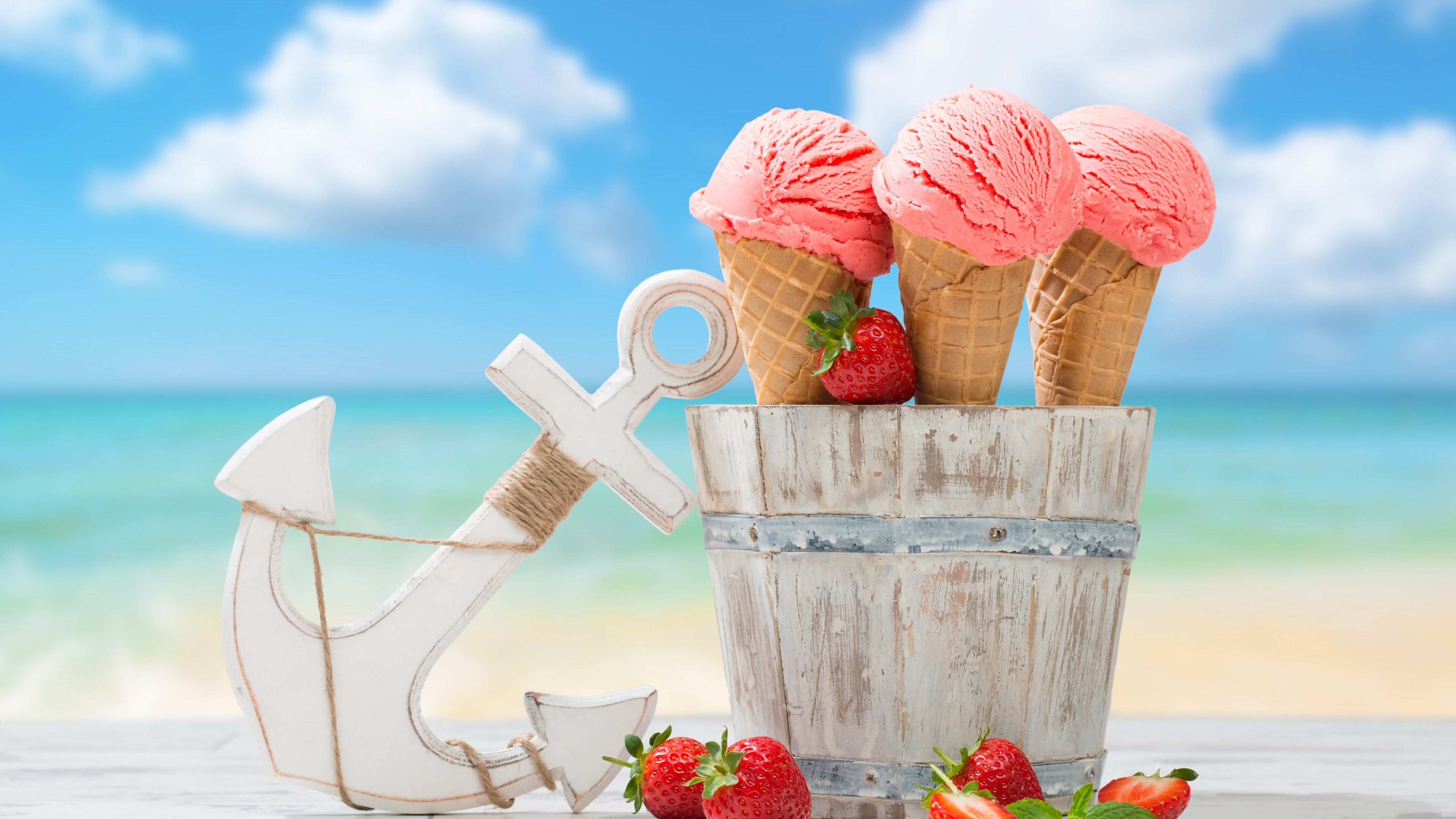 Ice Cream Cone, Wallpaper, Strawberry Anchor, Delicious, 3840x2160 4K Desktop