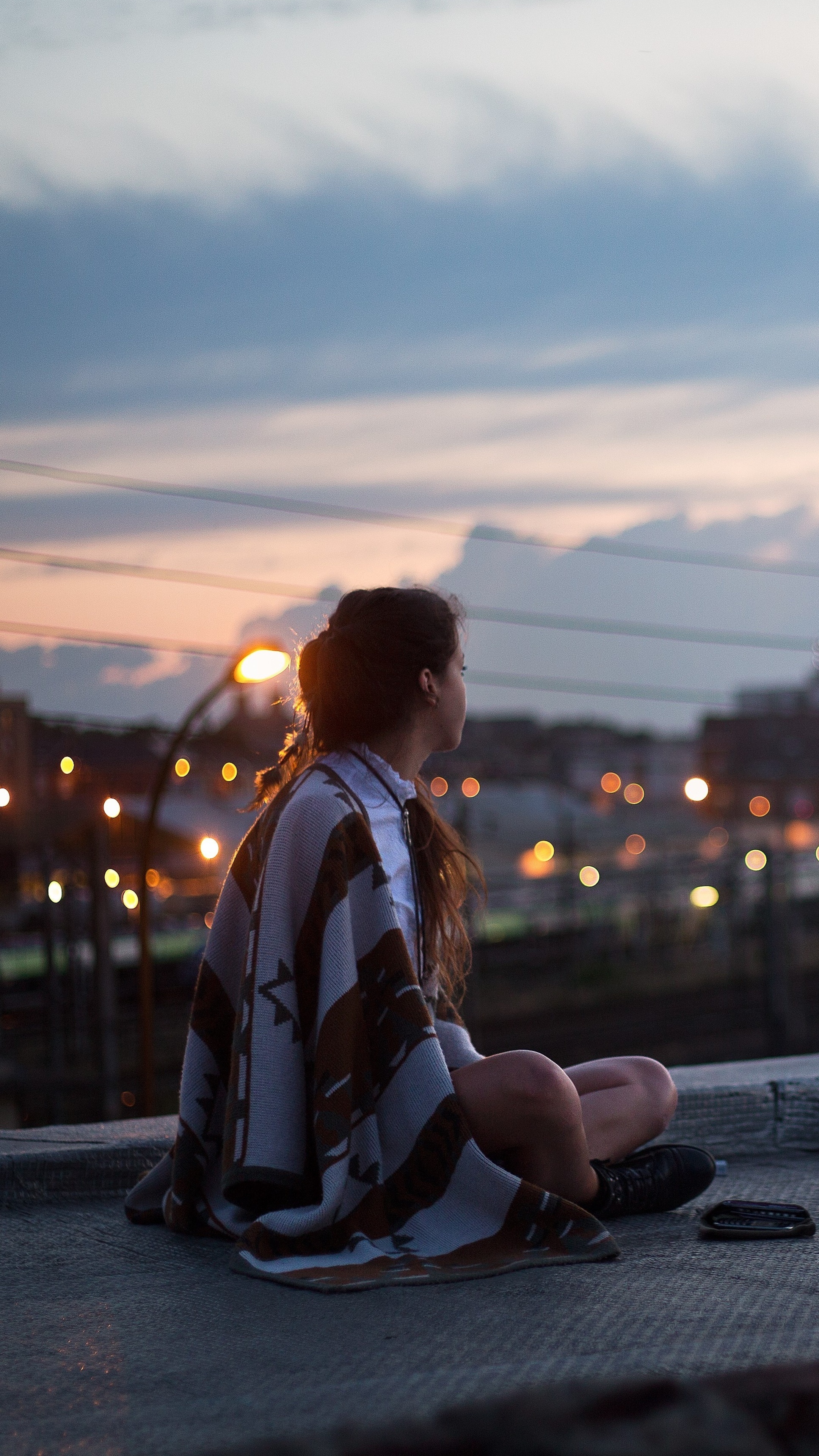 Girl sitting on rooftop, Town views, Sony Xperia, 4K wallpapers, 2160x3840 4K Phone