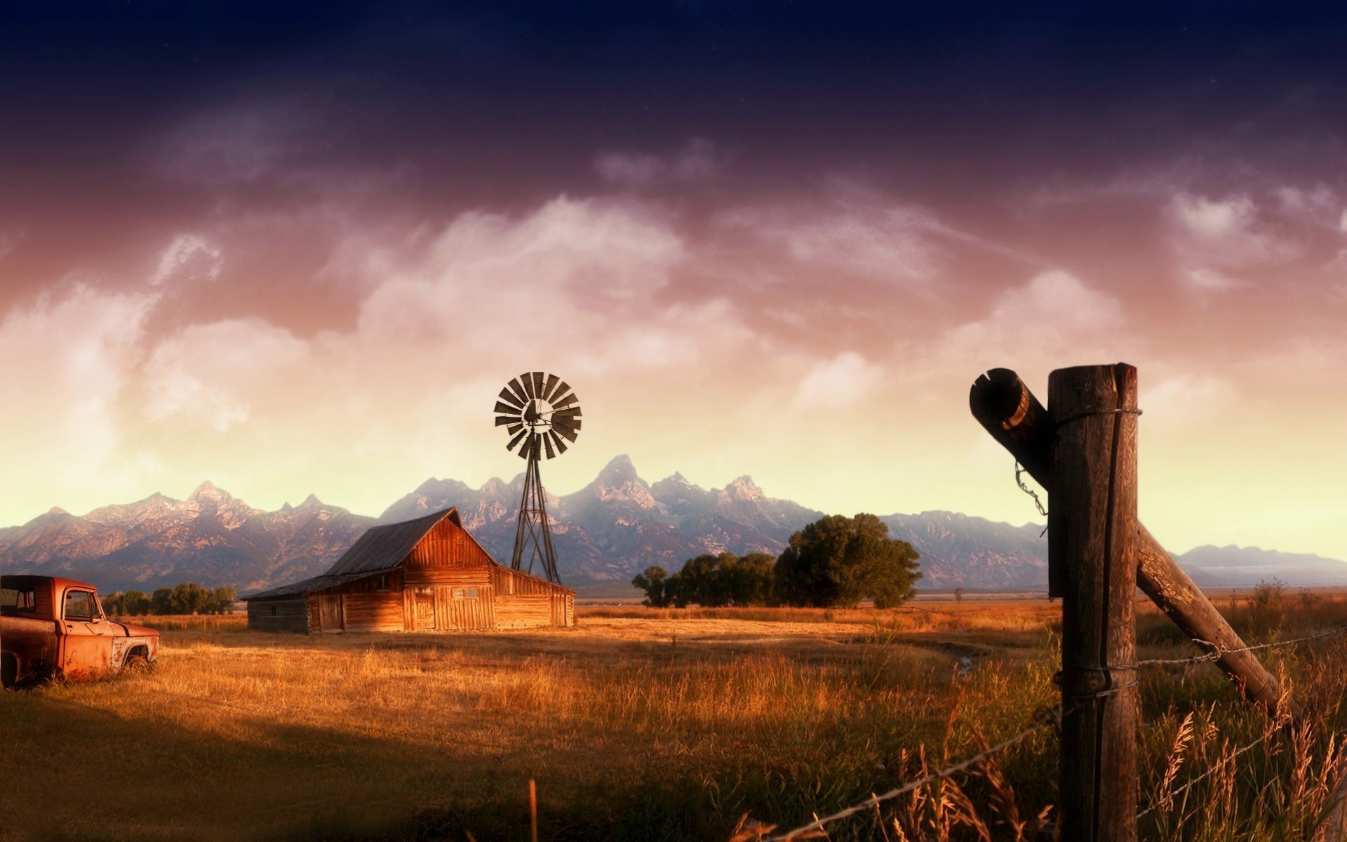 Farm: Farmhouse, Windmill, Ecoregion, Landscape at sunset. 1920x1200 HD Background.