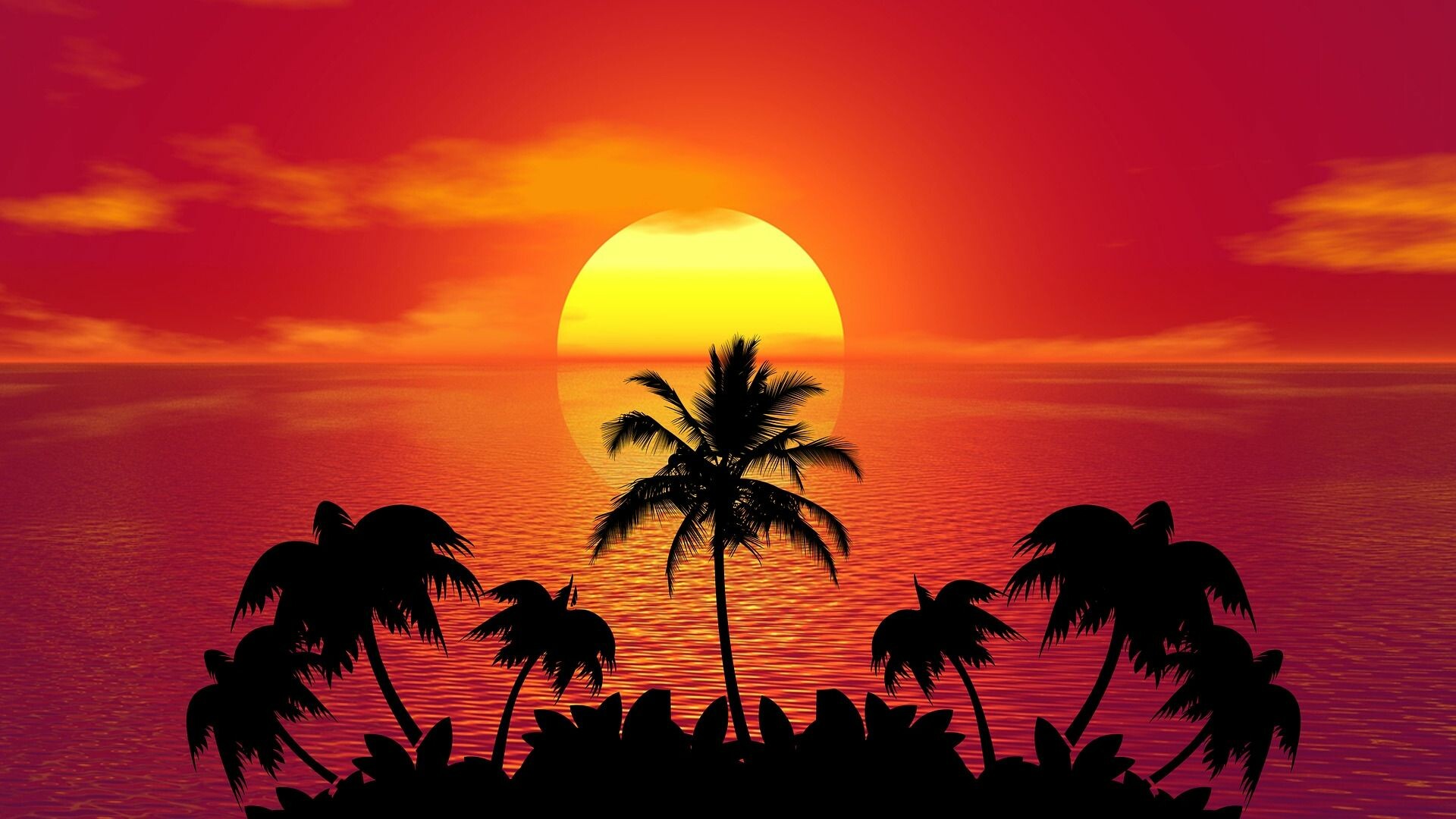 Sunset: Solar disk crossing the horizon, Tropical twilight. 1920x1080 Full HD Wallpaper.
