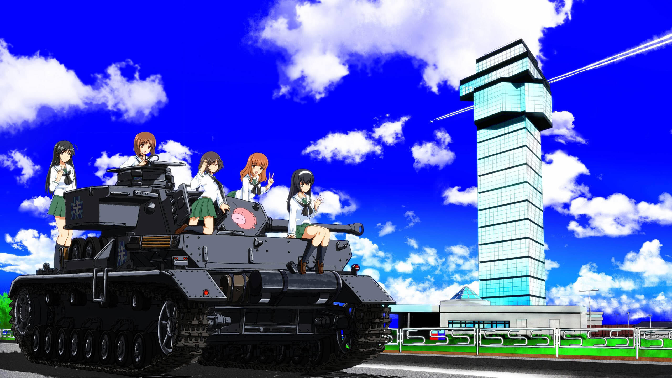 Girls und Panzer: GuP, Anglerfish Team: Miho Nishizumi, Saori Takebe, Hana Isuzu, Yukari Akiyama, Mako Reizei. 2560x1440 HD Background.